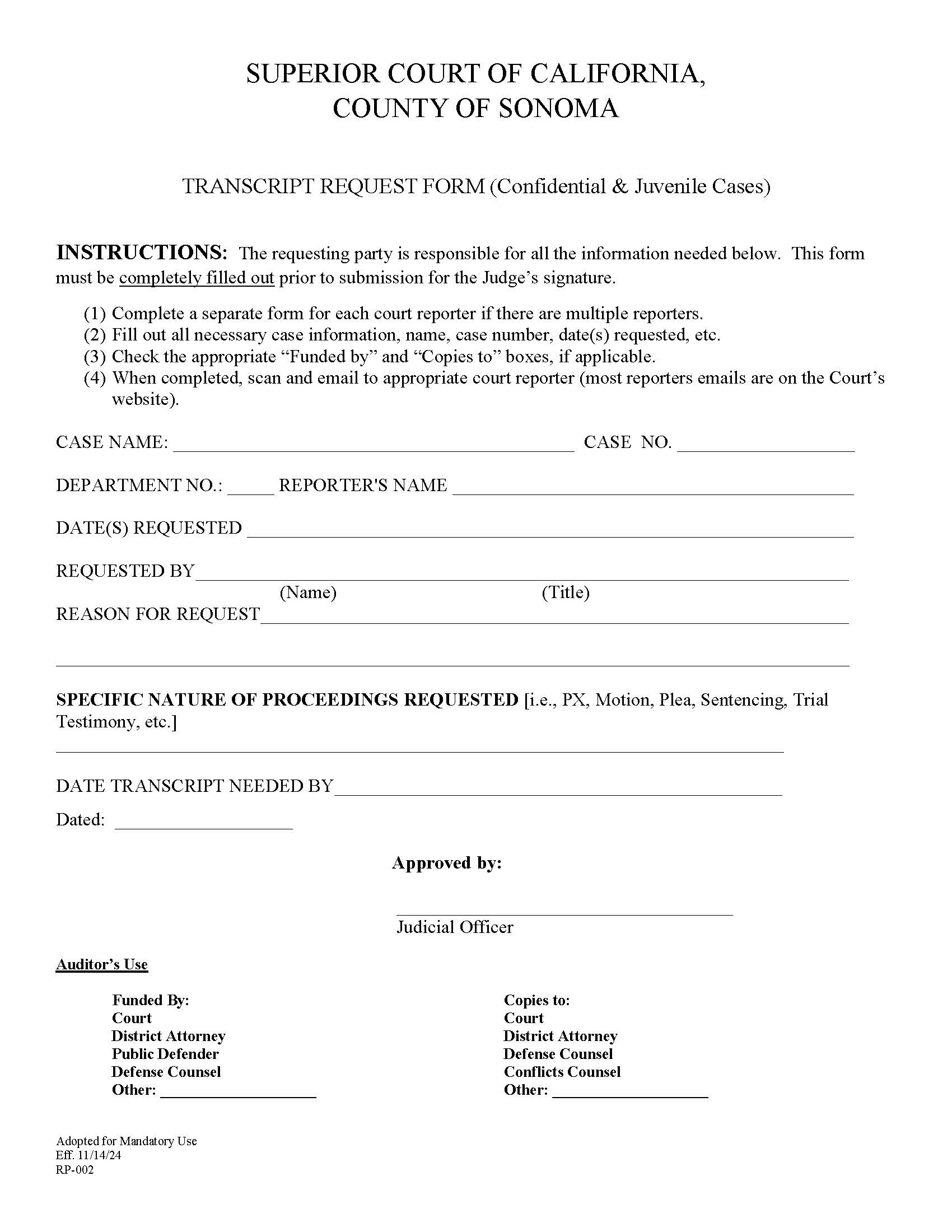 Transcript Request Form (Confidential And Juvenile Cases) {RP-002} | Pdf Fpdf Docx | California
