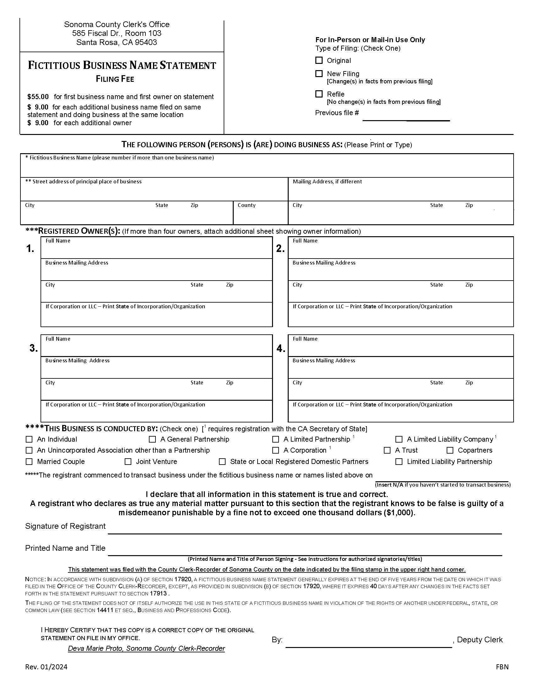 Fictitious Business Name Statement (Sonoma) | Pdf Fpdf Docx | California