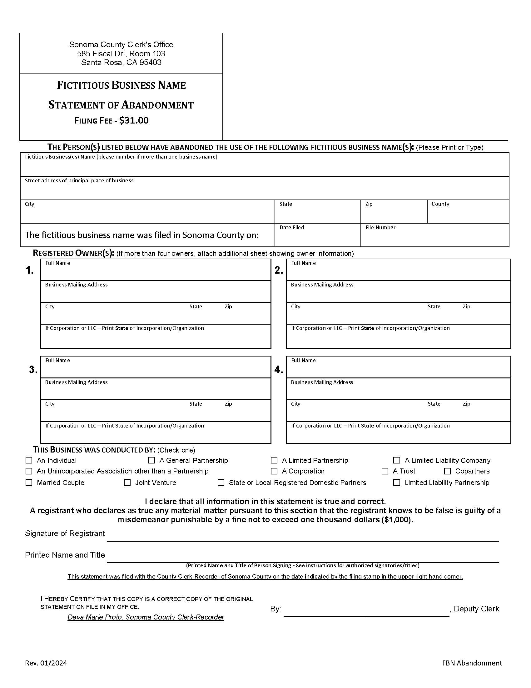 Statement Of Abandonment Of Use Of Fictitious Business Name | Pdf Fpdf Docx | California