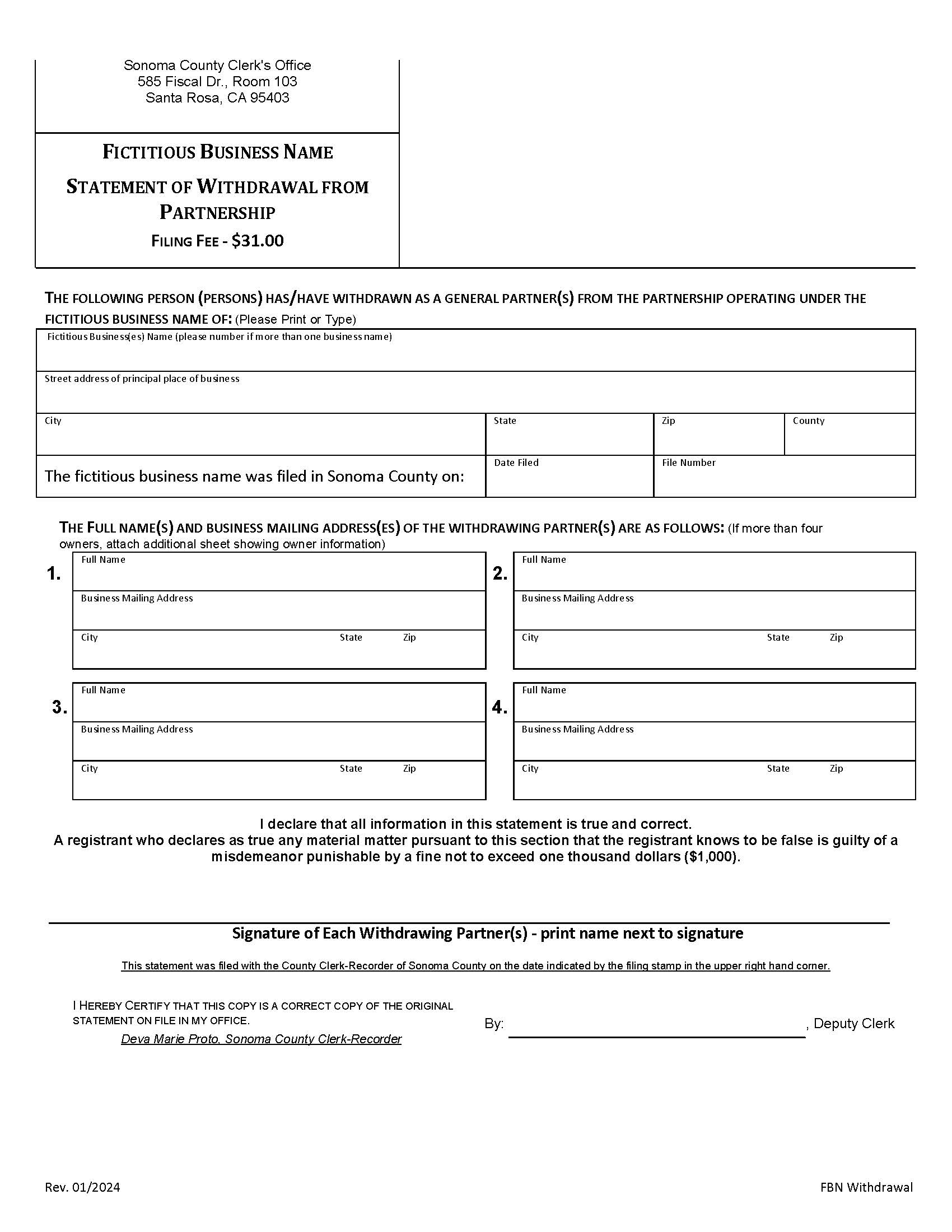 Statement Of Withdrawal From Partnership Operating Under Fictious Business Name | Pdf Fpdf Docx | California