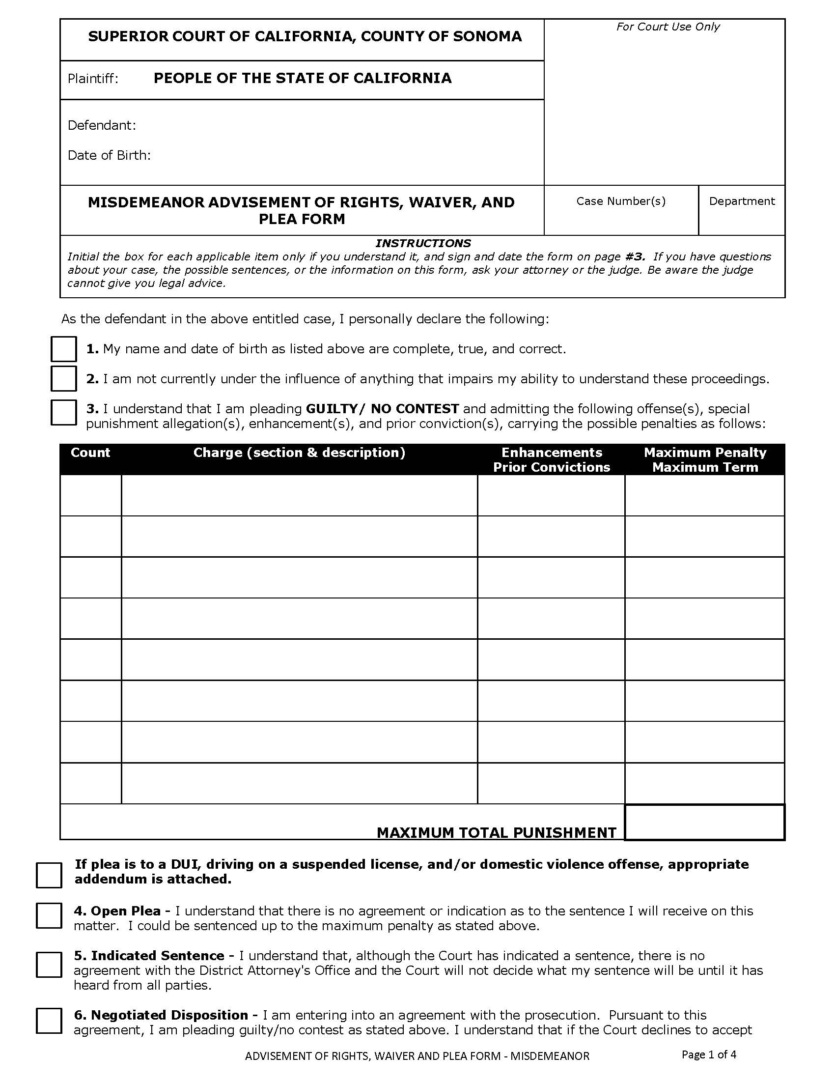 Advisement Of Rights Waiver and Fee Form-Misdemeanor-Pages 1-4  {CR-006} | Pdf Fpdf Docx | California