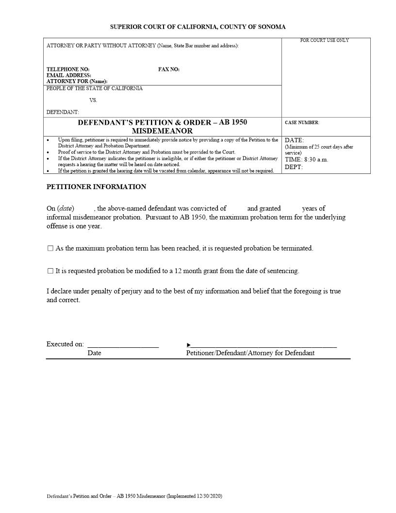 Defendant-Misdemeanor Petition Response And Order (Sonoma) {AB-1950} | Pdf Fpdf Docx | California