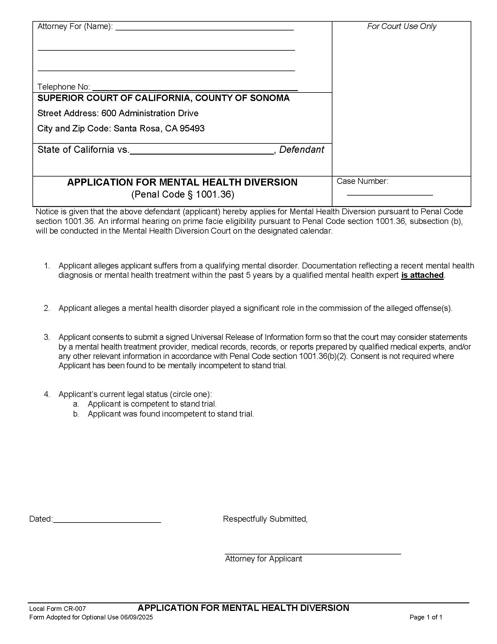 Mental Health Diversion Application {CR-007} | Pdf Fpdf Docx | California