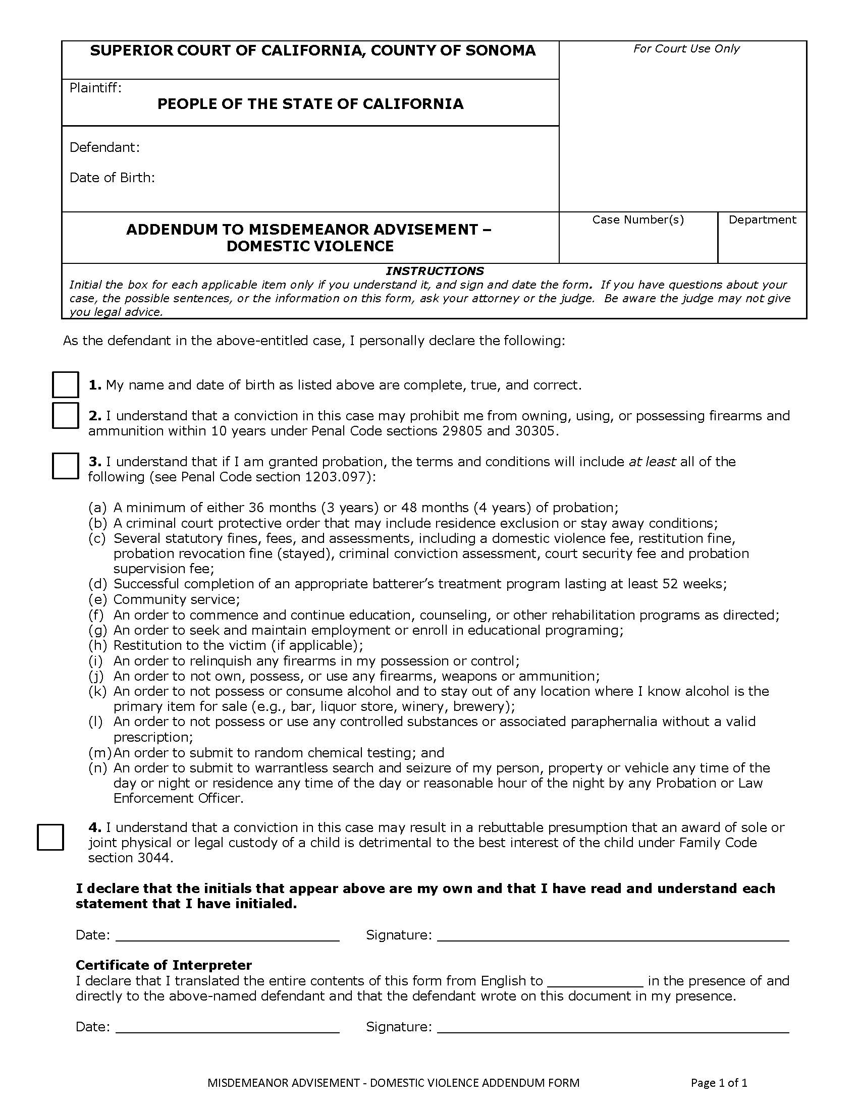Misdemeanor Advisement-Domestic Violence Addendum Form {CR-005} | Pdf Fpdf Docx | California