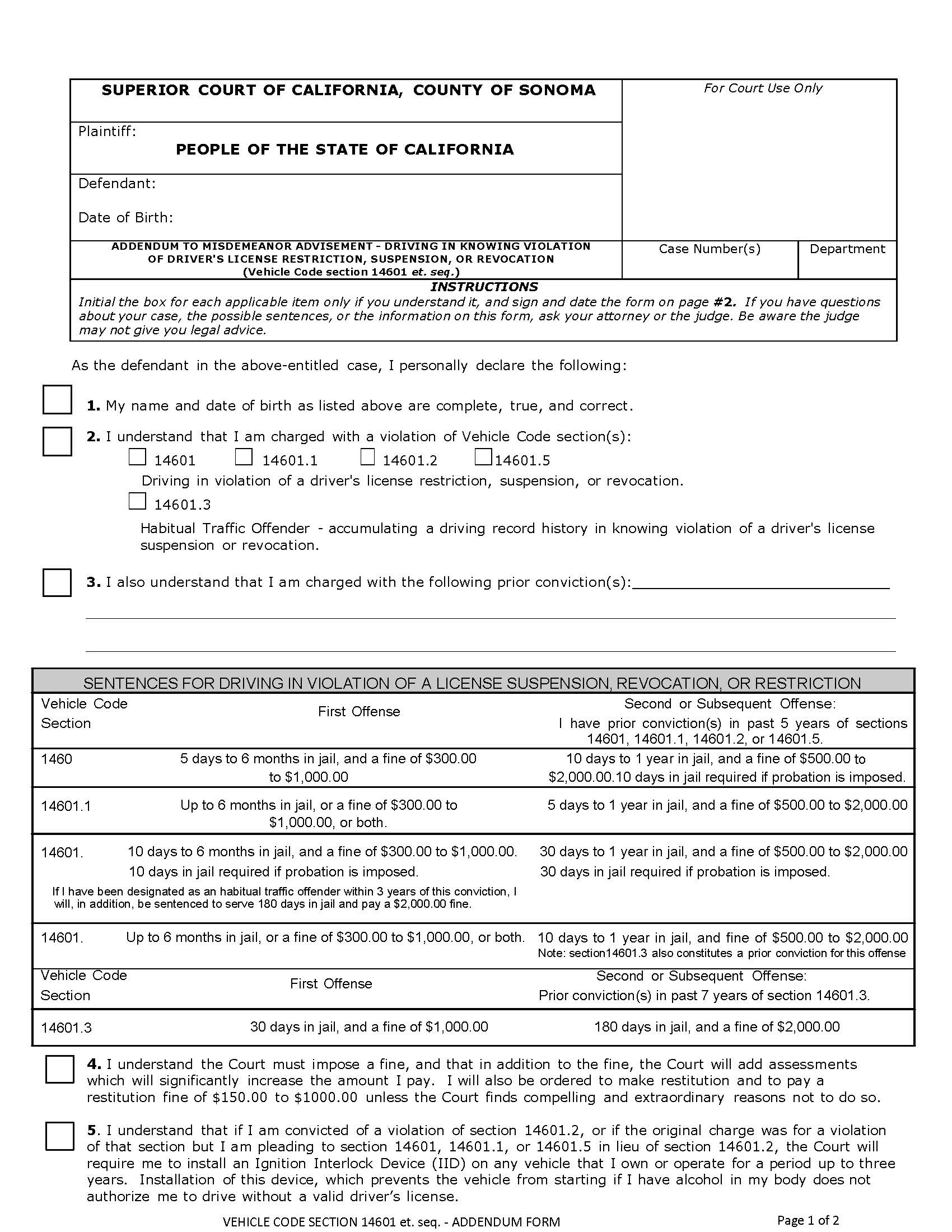 Vehicle Code Section 14601 Addendum Form-Pages 1 and 2 {CR-001} | Pdf Fpdf Docx | California