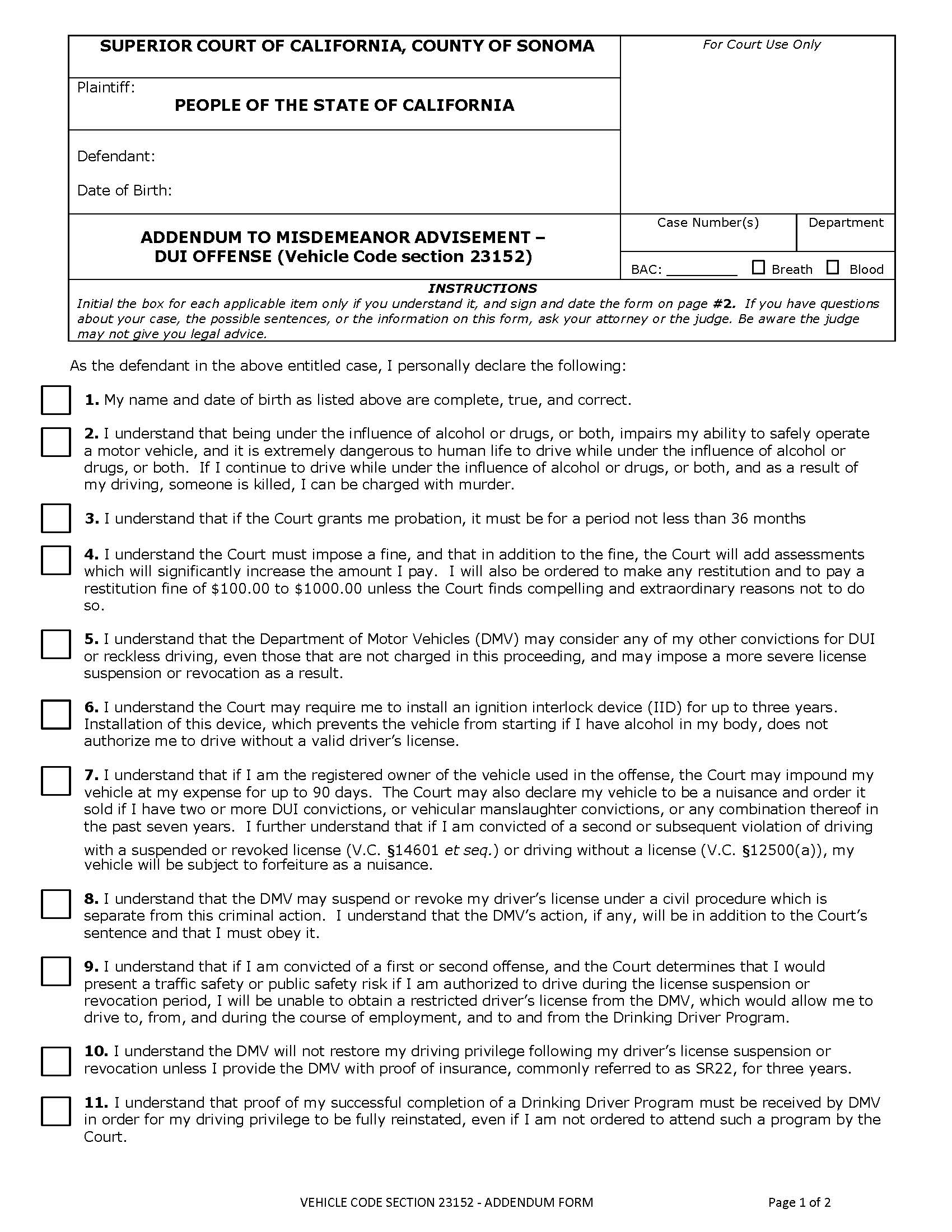 Vehicle Code Section 23152-Addendum Form-Pages 1 And 2 {CR-003} | Pdf Fpdf Docx | California