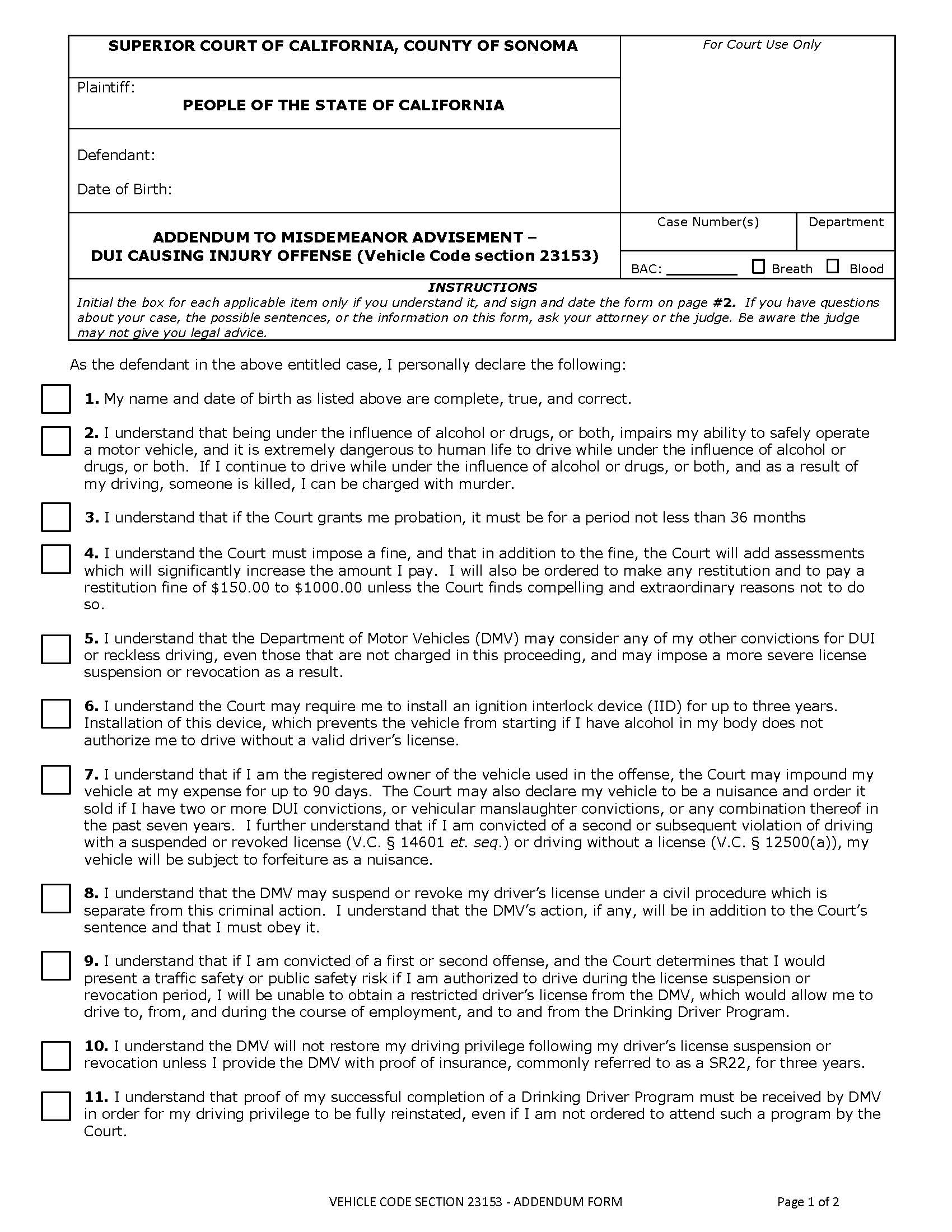 Vehicle Code Section 23153-Addendum Form-Pages 1 And 2 {CR-004} | Pdf Fpdf Docx | California