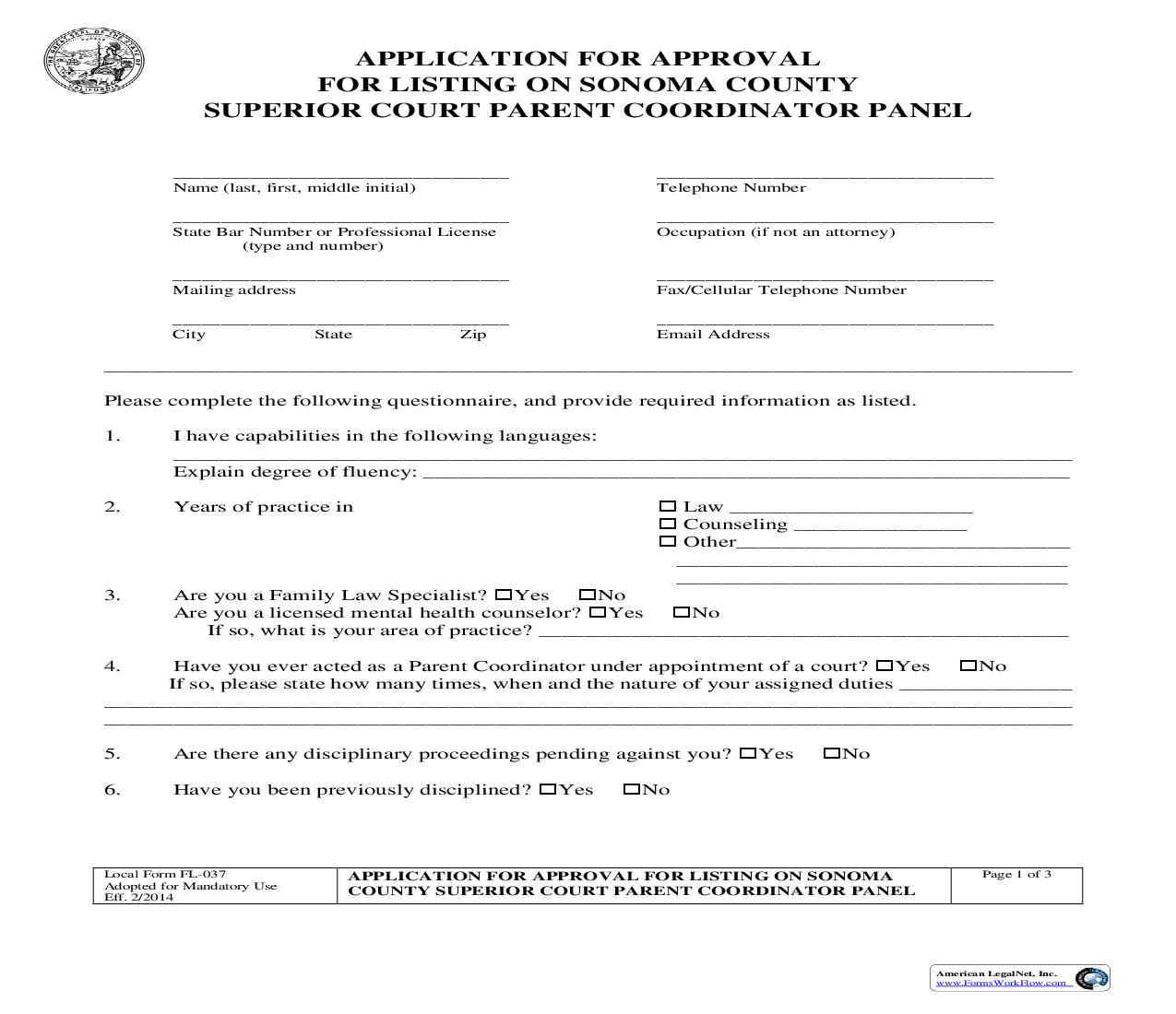 Application For Approval For Listing On Sonoma County Court Parent Coordinator Panel {FL-037} | Pdf Fpdf Doc Docx | California