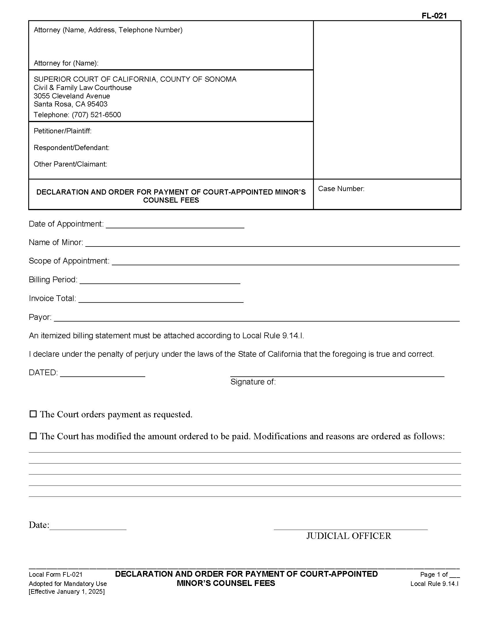 Declaration And Order For Payment Of Court-Appointed Minors Counsel Fees {FL021} | Pdf Fpdf Docx | California