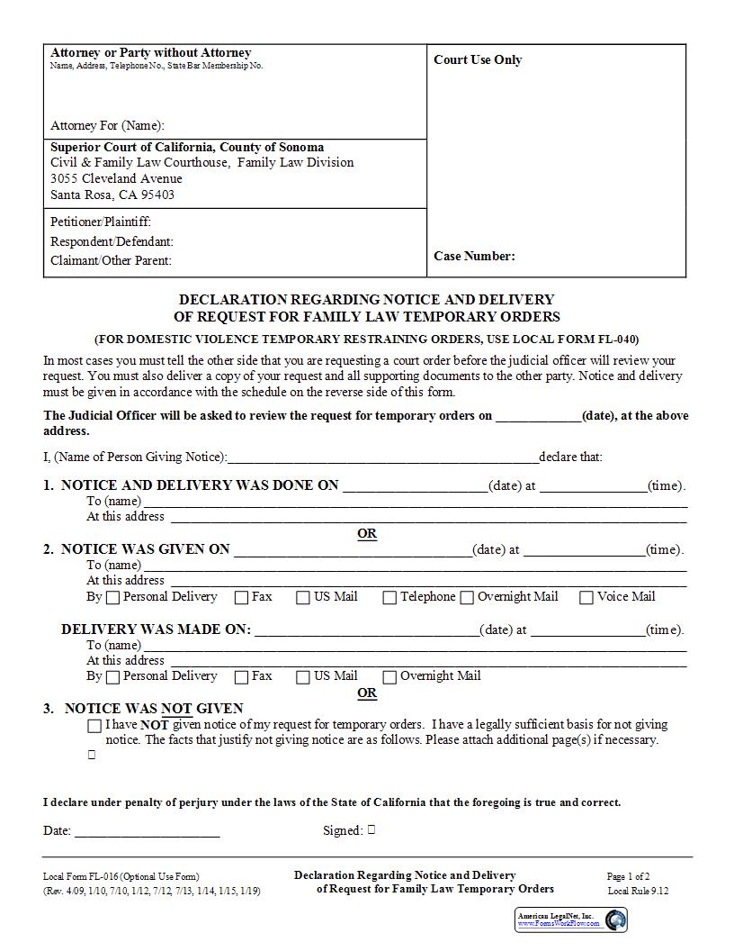 Declaration Regarding Notice Of Request For Temporary Orders {FL016} | Pdf Fpdf Docx | California