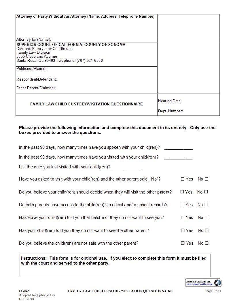 Family Law Child Custody And Visitation Questionnaire {FL045} | Pdf Fpdf Doc Docx | California