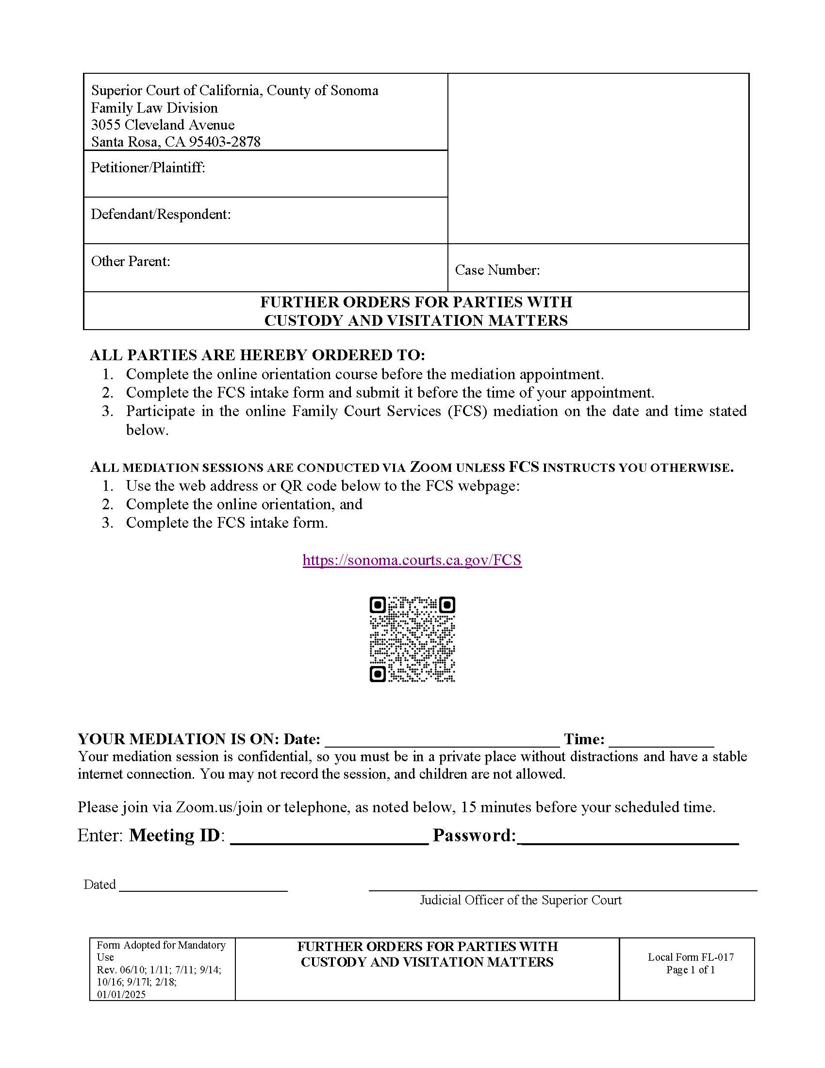 Further Orders For Parties With Custody And Visitation Issues {FL017} | Pdf Fpdf Docx | California