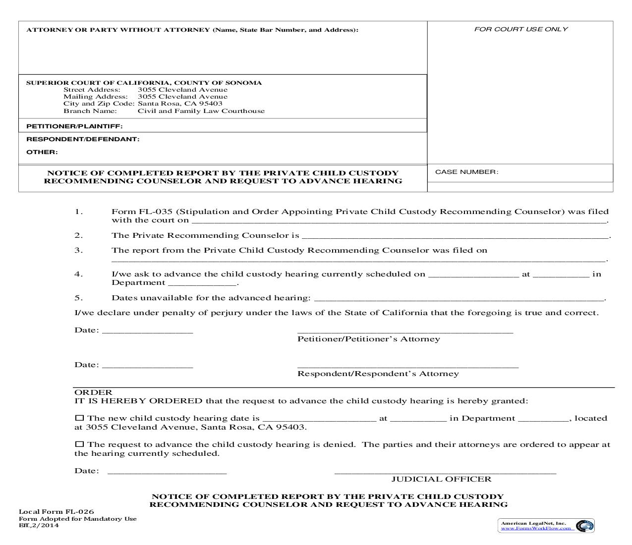 Notice Of Completed Report By The Private Child Custody Recommending Counselor {FL026} | Pdf Fpdf Doc Docx | California