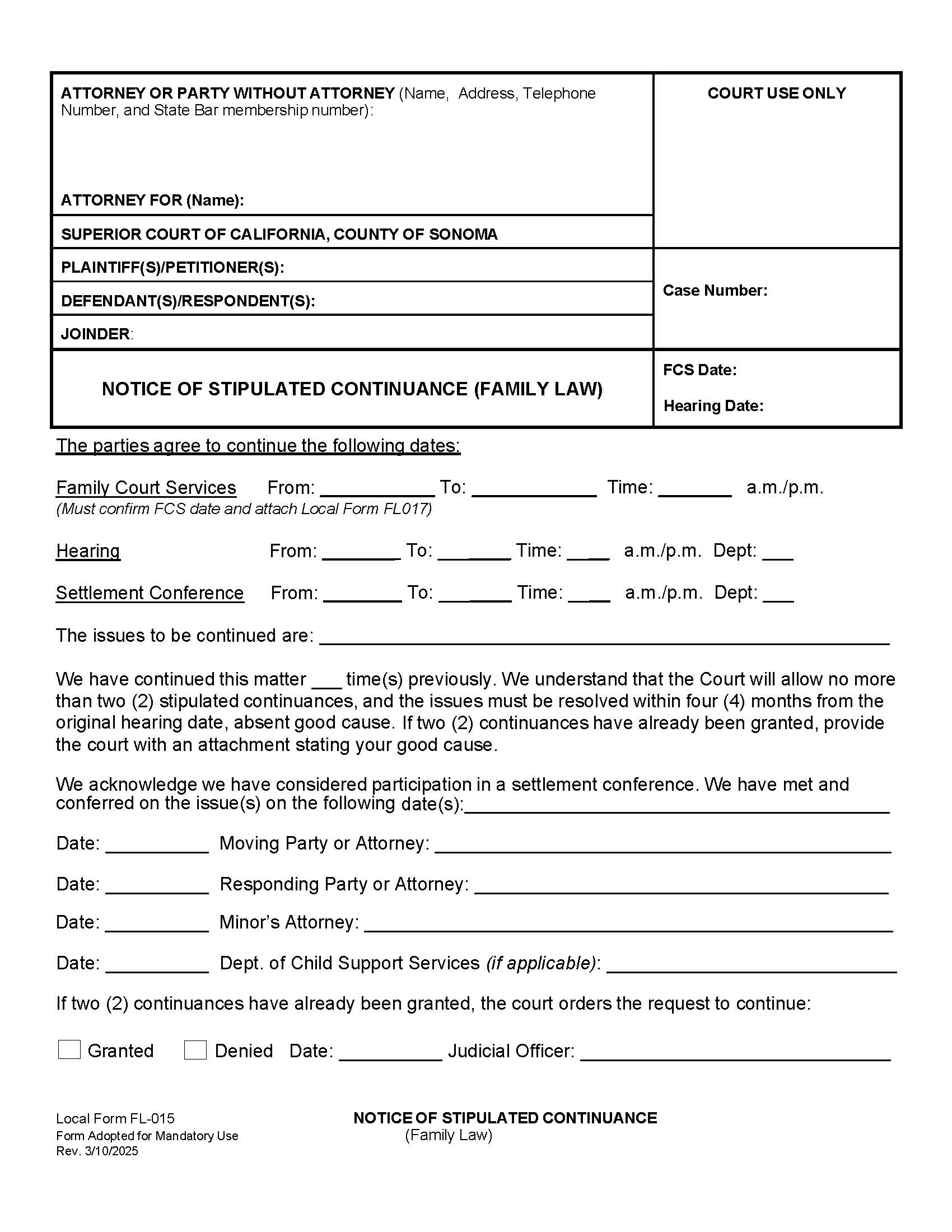Notice Of Stipulated Continuance (Family Law) {FL015} | Pdf Fpdf Docx | California