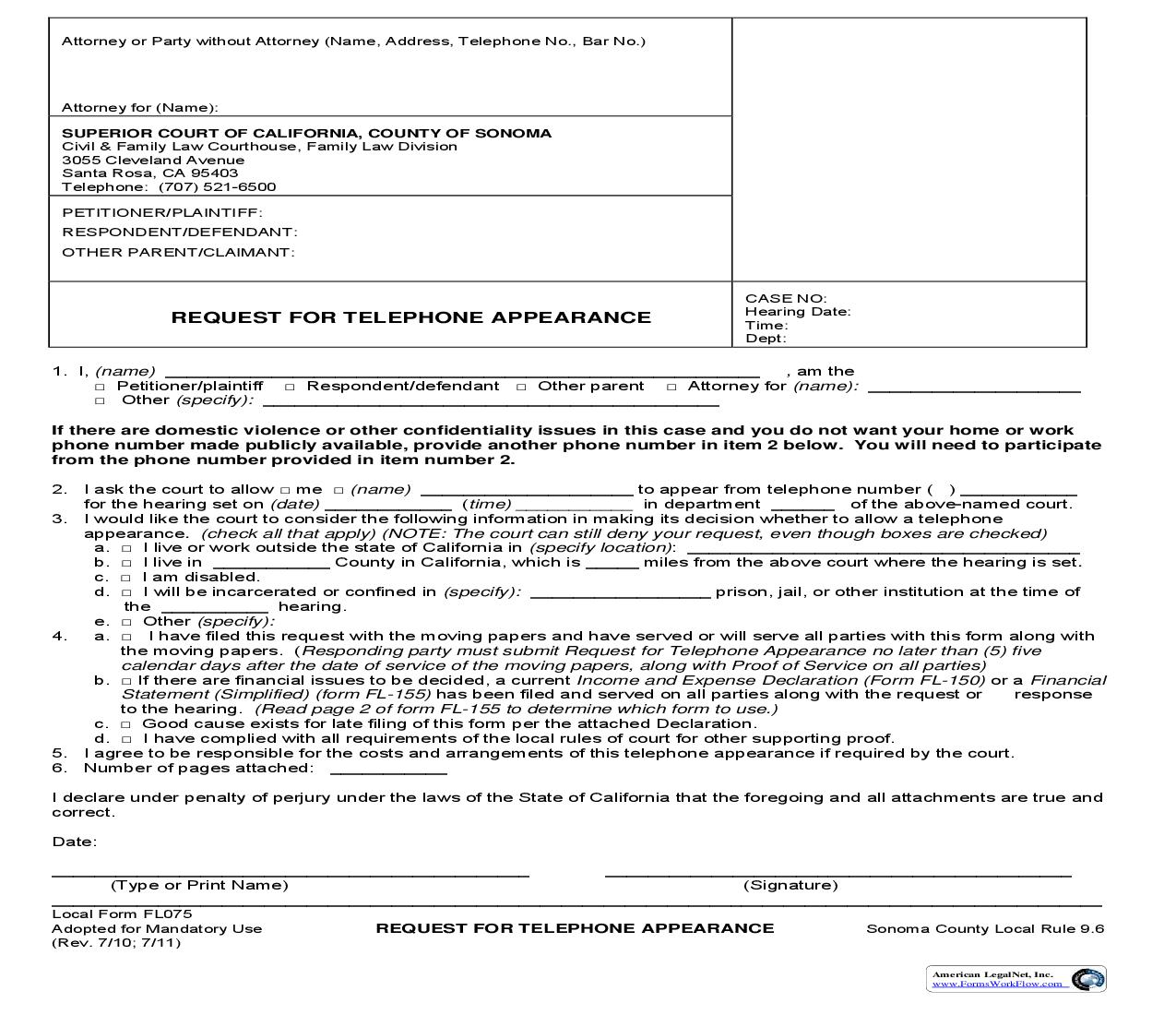 Request For Telephonic Appearance {FL075} | Pdf Fpdf Doc Docx | California