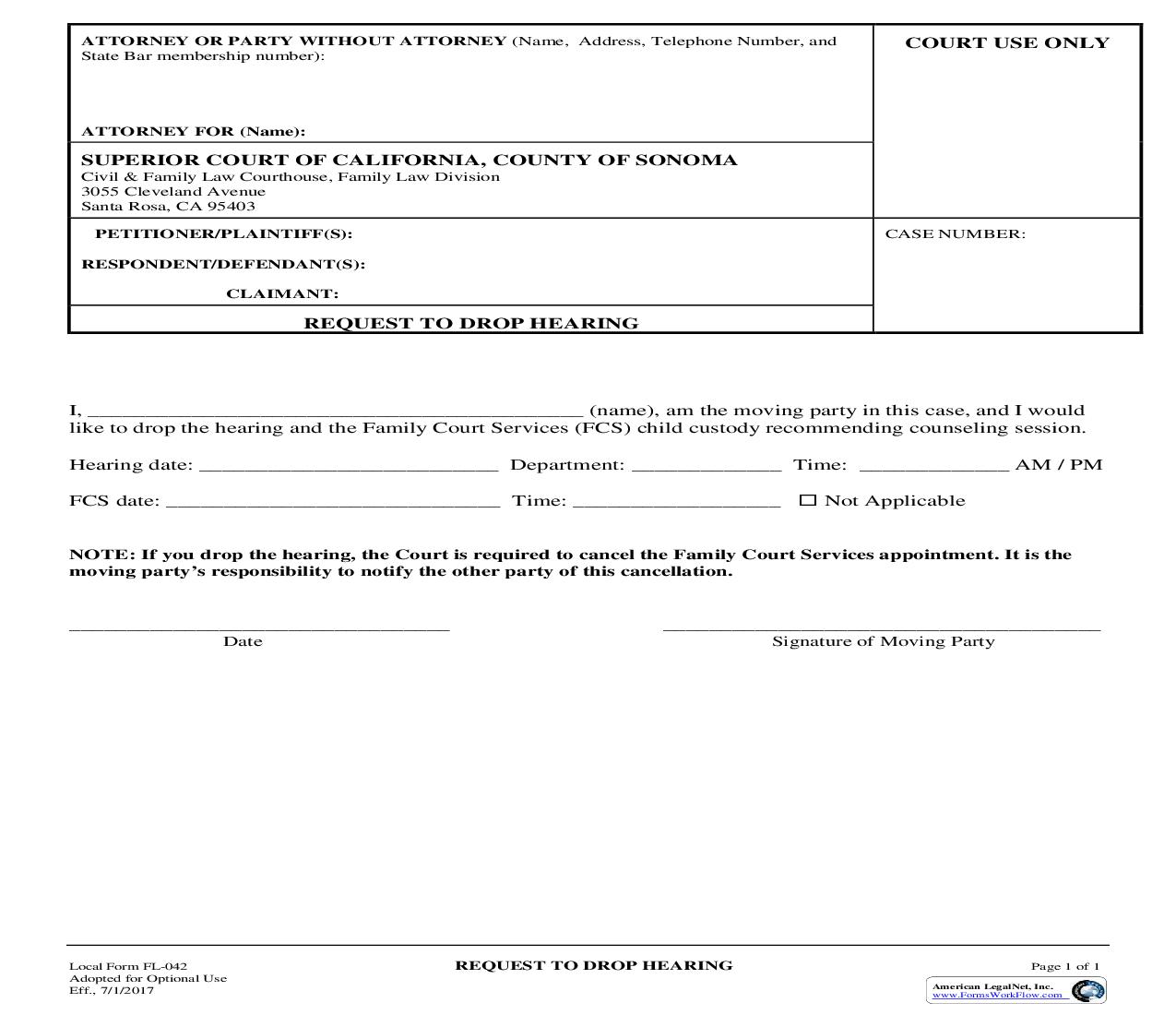 Request To Drop Hearing {FL042} | Pdf Fpdf Doc Docx | California
