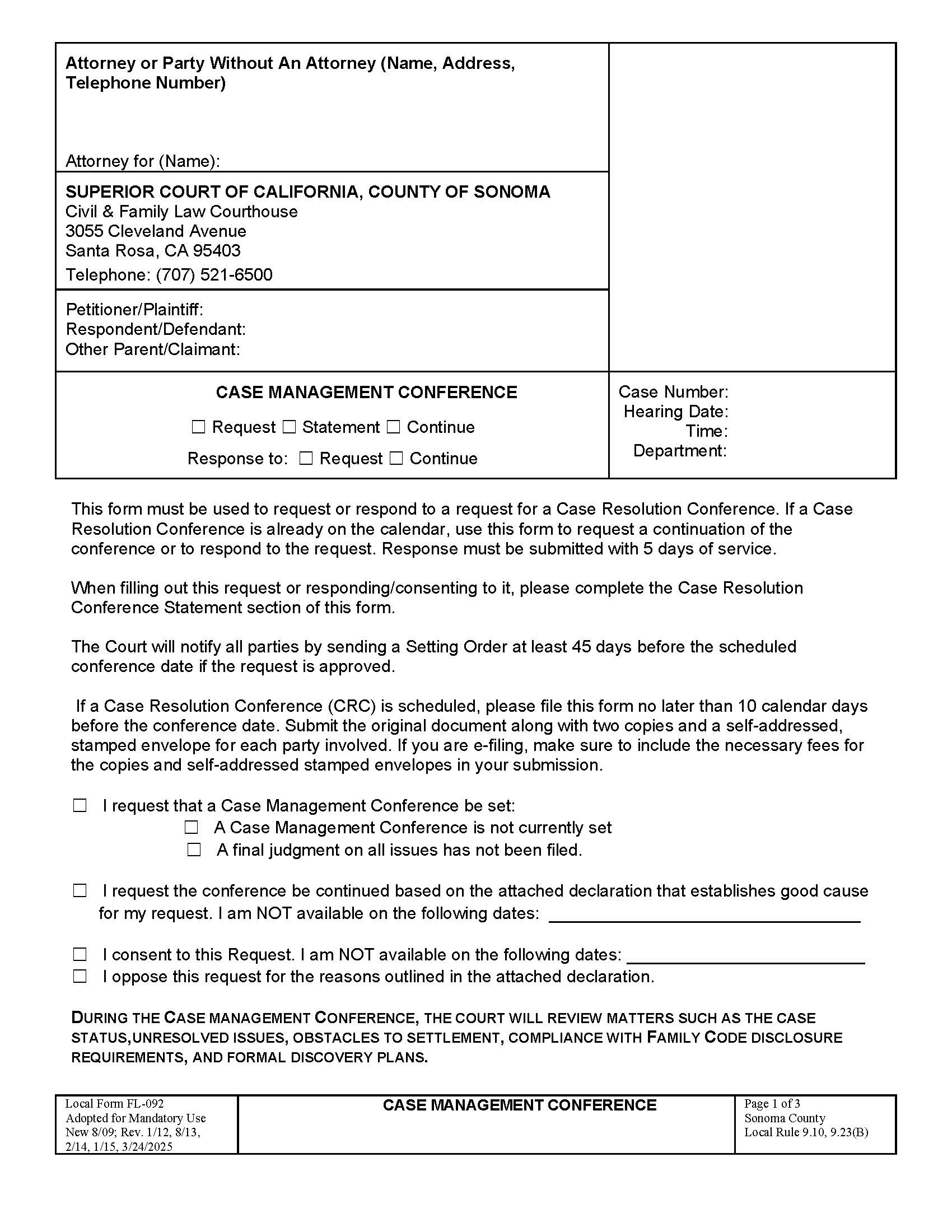 Request To Reset-Advance-Set Case Resolution Conference {FL092} | Pdf Fpdf Doc Docx | California
