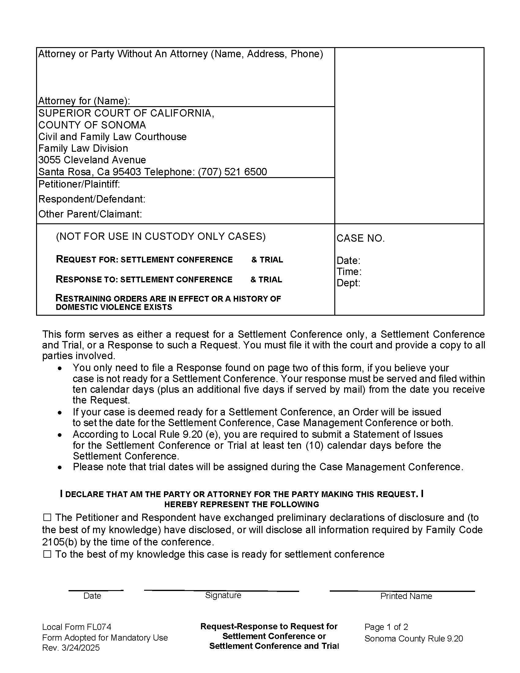 Request-Response To Request For Settlement Conference Only Or Settlement Conference And Trial {FL074} | Pdf Fpdf Doc Docx | California