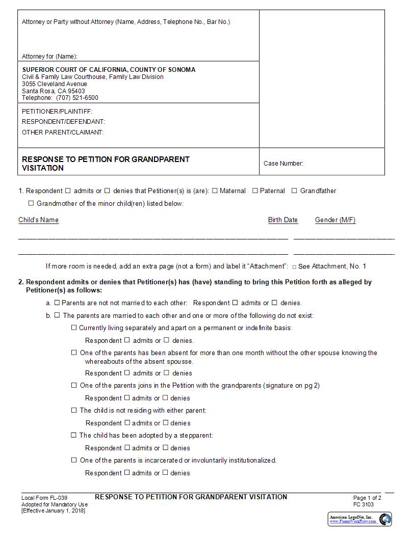 Response To Petition For Grandparent Visitation {FL039} | Pdf Fpdf Docx | California
