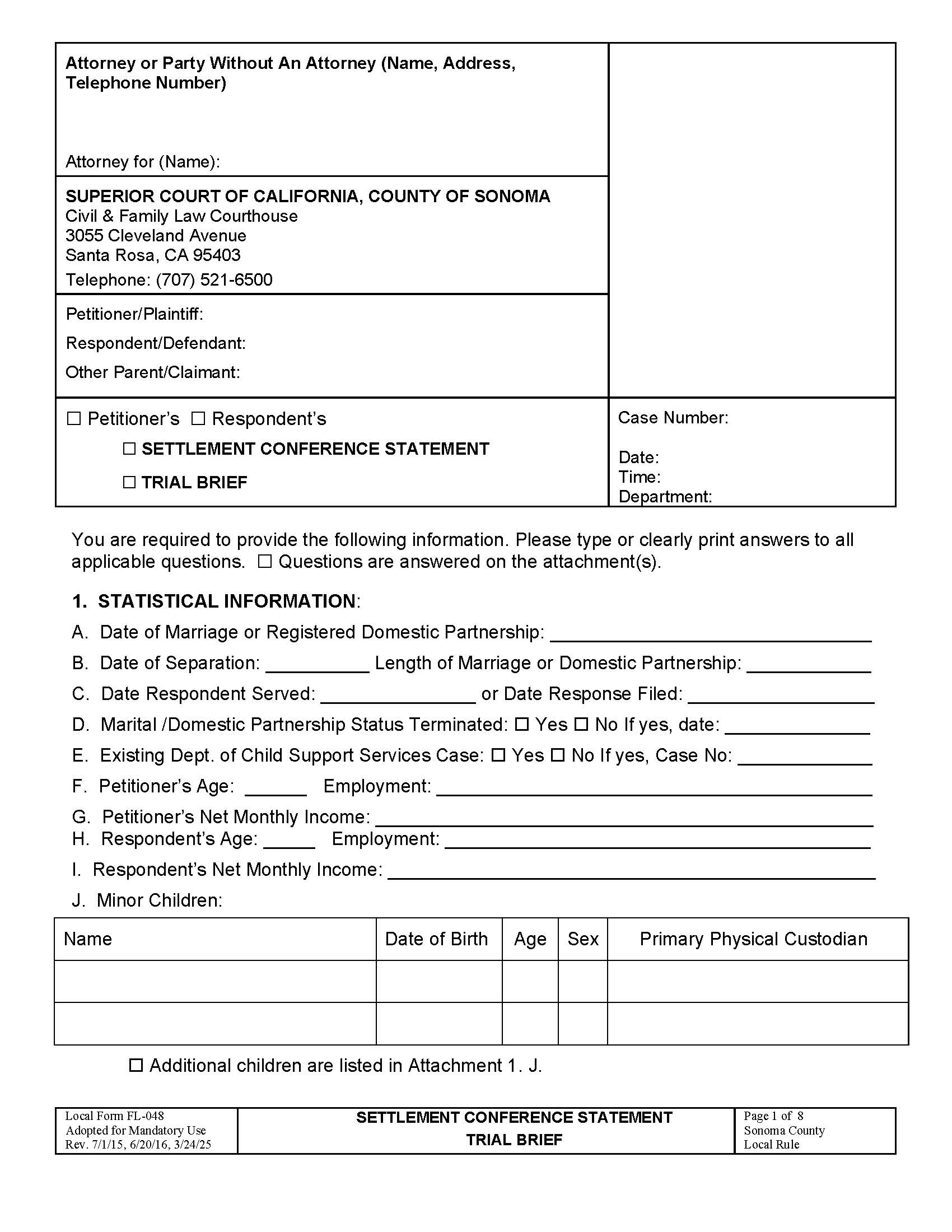 Settlement Conference Statement-Trial Brief {FL048} | Pdf Fpdf Doc Docx | California