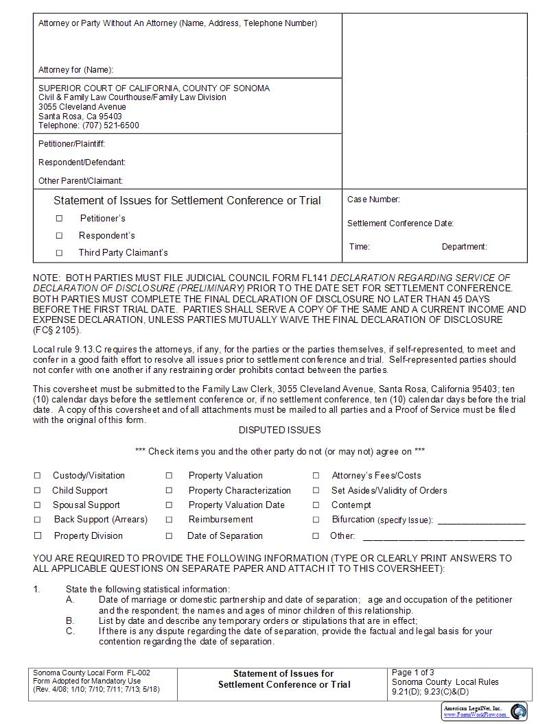 Statement Of Issues For Settlement Conference Or Trial {FL002} | Pdf Fpdf Docx | California