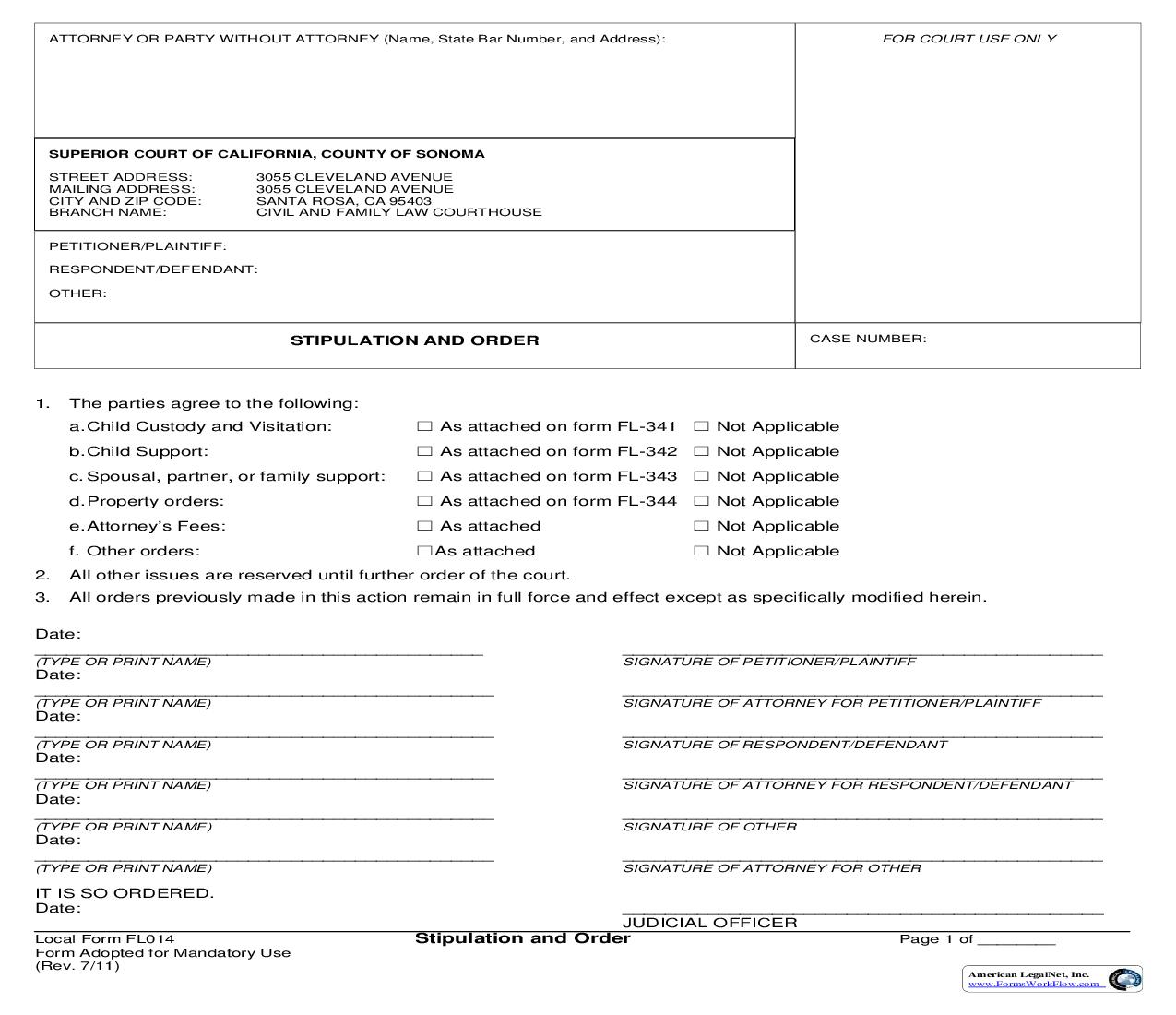 Stipulation And Order {FL014} | Pdf Fpdf Doc Docx | California