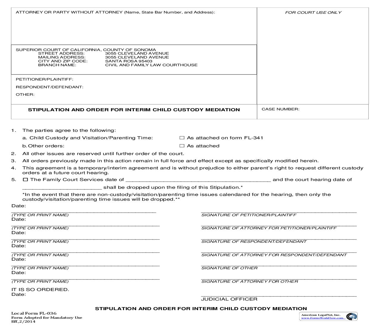 Stipulation And Order For Interim Child Custody Mediation {FL036} | Pdf Fpdf Doc Docx | California