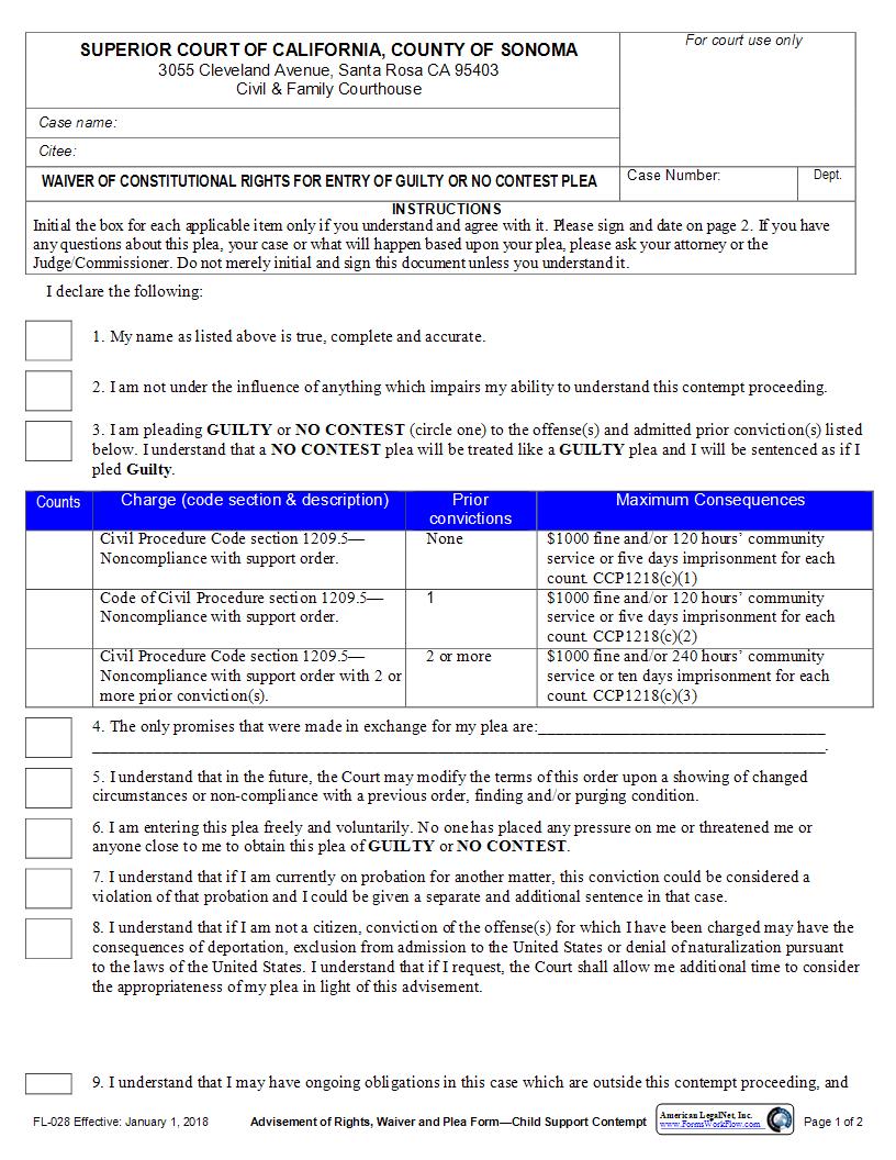 TAHL Child Support (Advisement Of Rights Waiver And Plea Form) {FL028} | Pdf Fpdf Docx | California