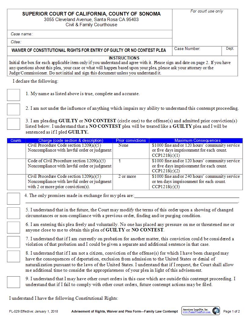TAHL Family Law Contempt (Advisement Of Rights Waiver And Plea) {FL029} | Pdf Fpdf Docx | California