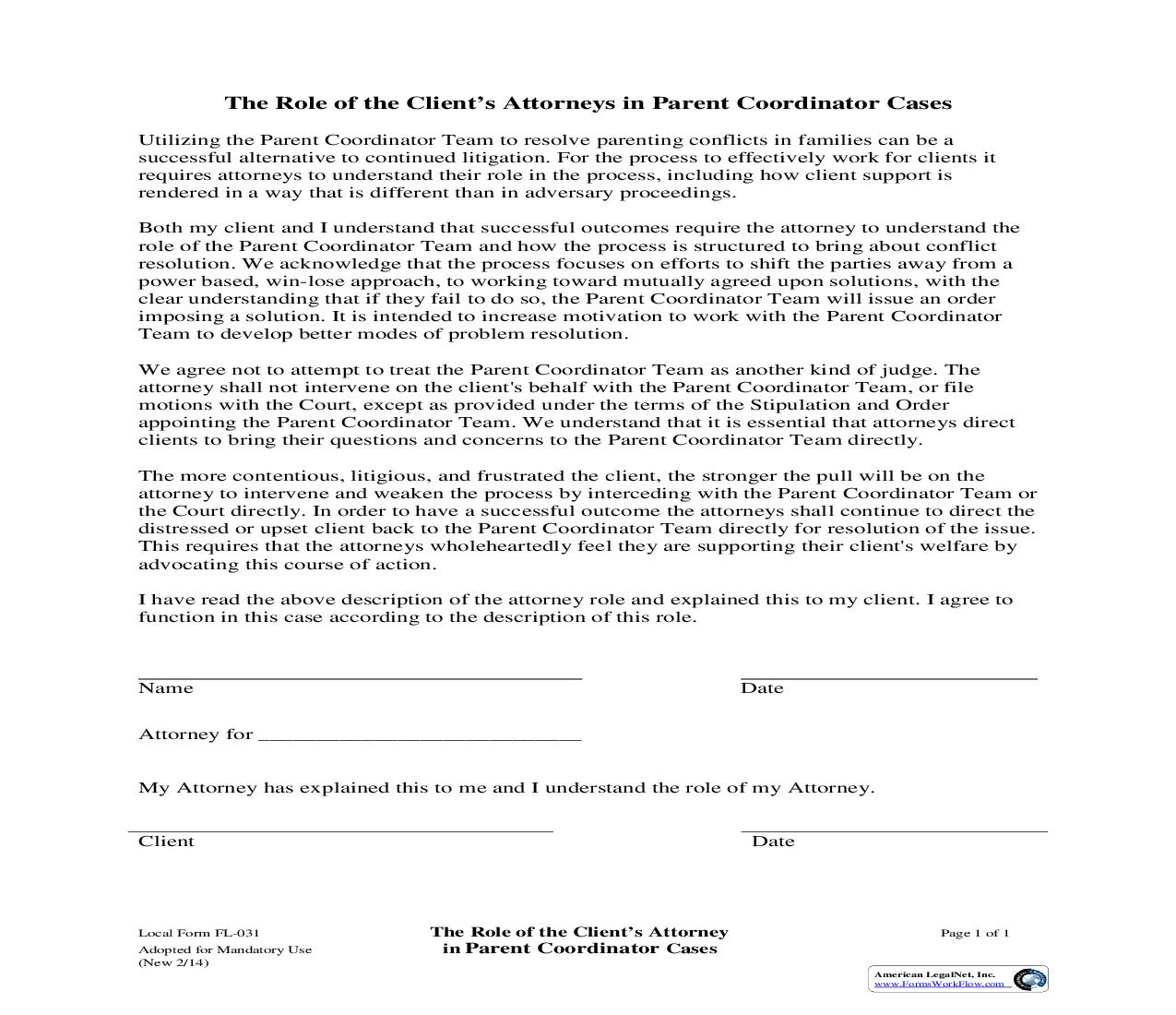 The Role Of The Clients Attorney In Parent Coordinator Cases {FL031} | Pdf Fpdf Doc Docx | California