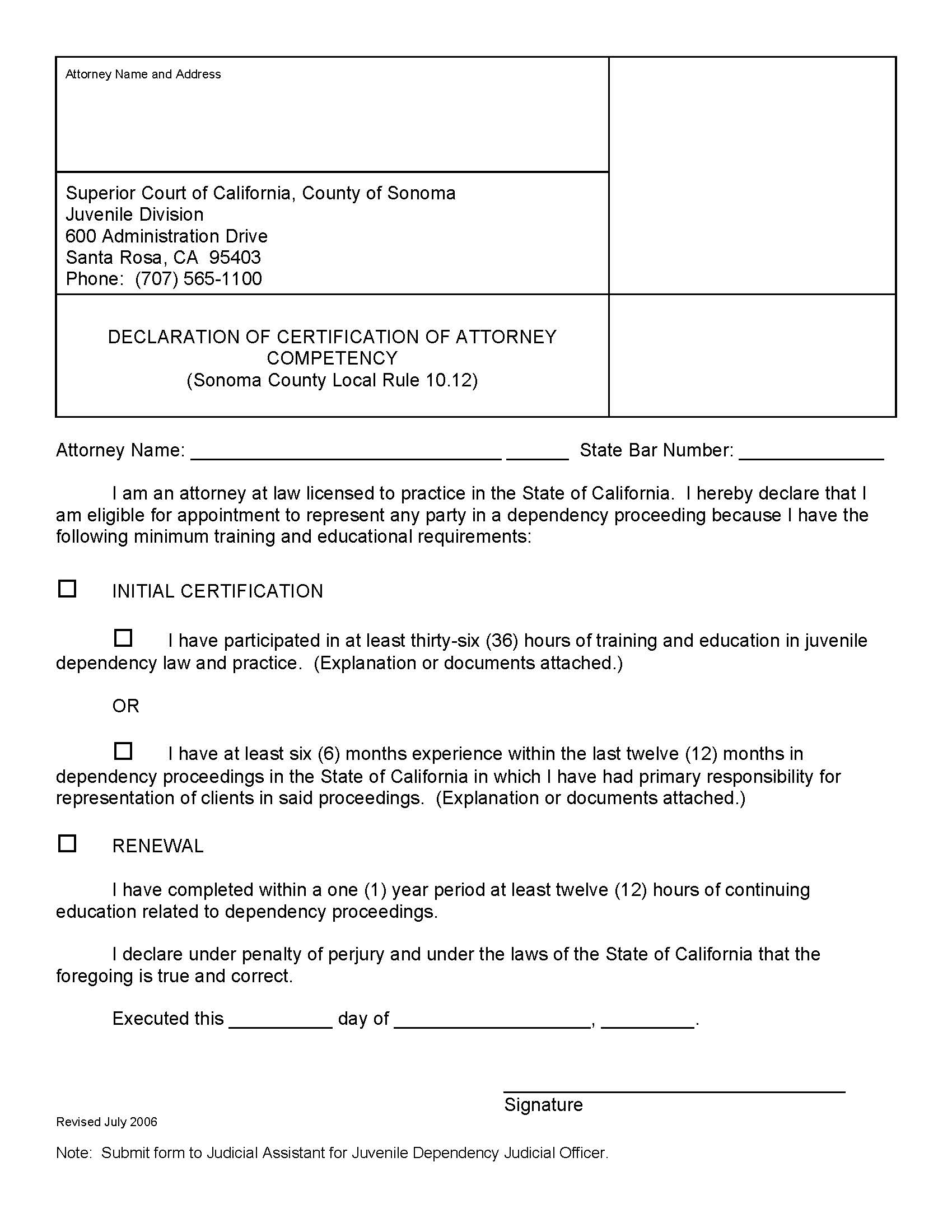 Declaration Of Certification Of Attorney Competency {JC-104} | Pdf Fpdf Doc Docx | California