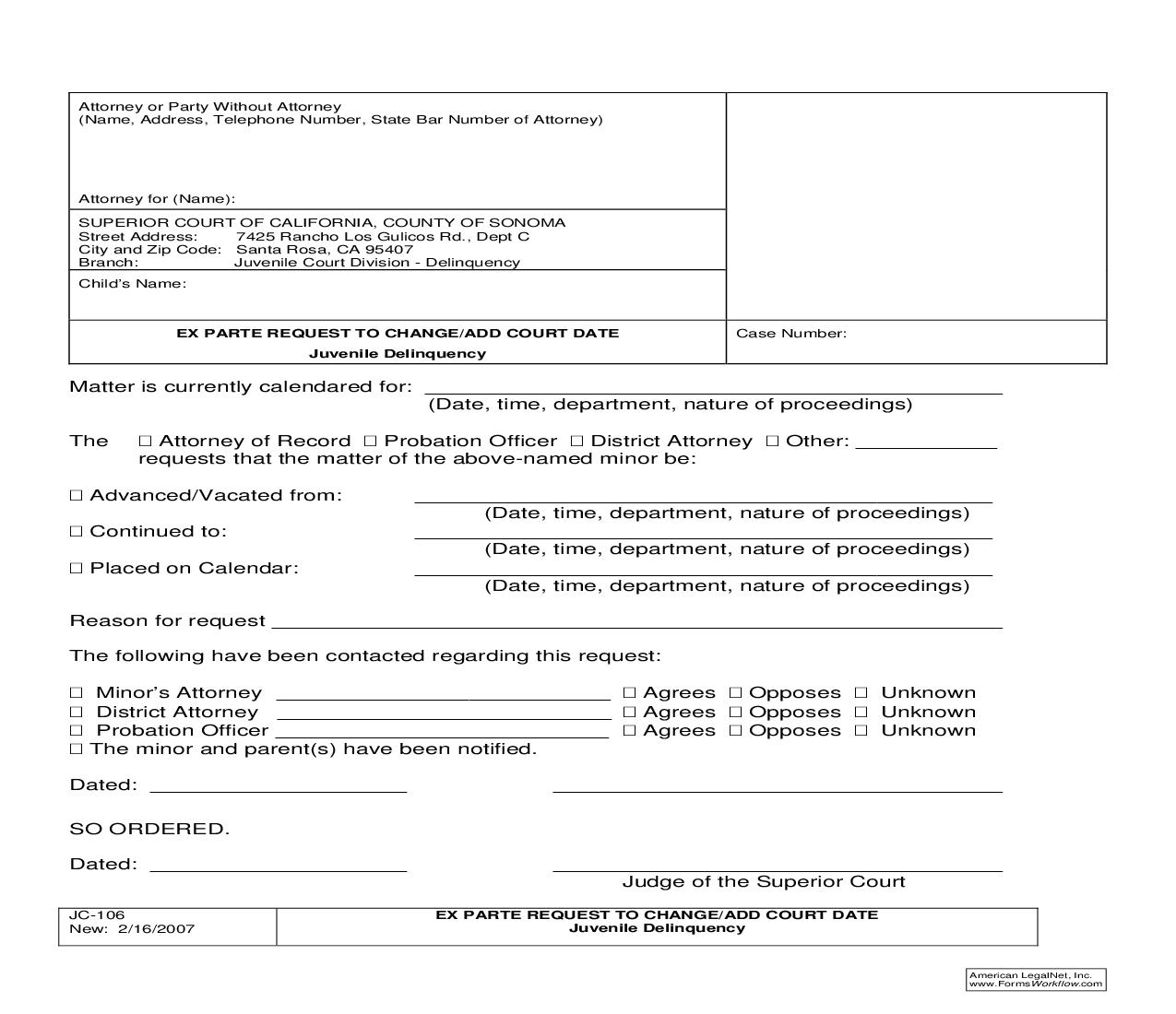 Ex Parte Request To Change-Add Court Dates {JC-106} | Pdf Fpdf Doc Docx | California