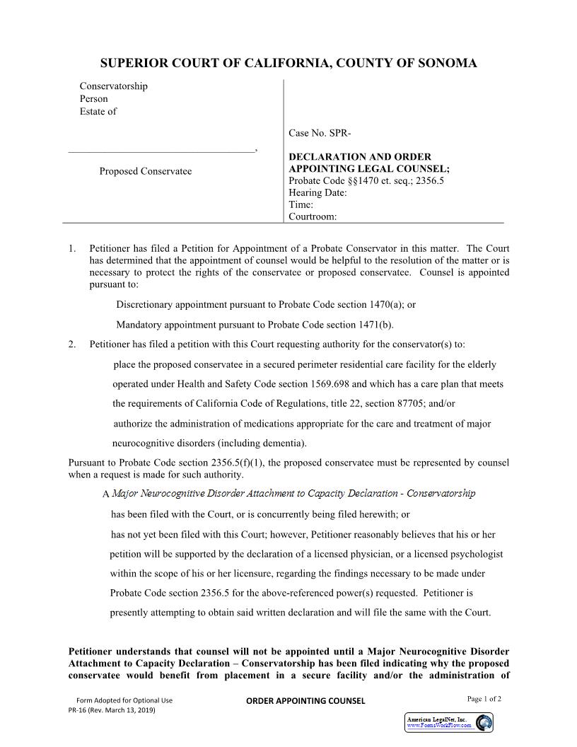 Appointment Of Counsel (Declaration And Order Appointing Legal Counsel) {PR-16} | Pdf Fpdf Docx | California