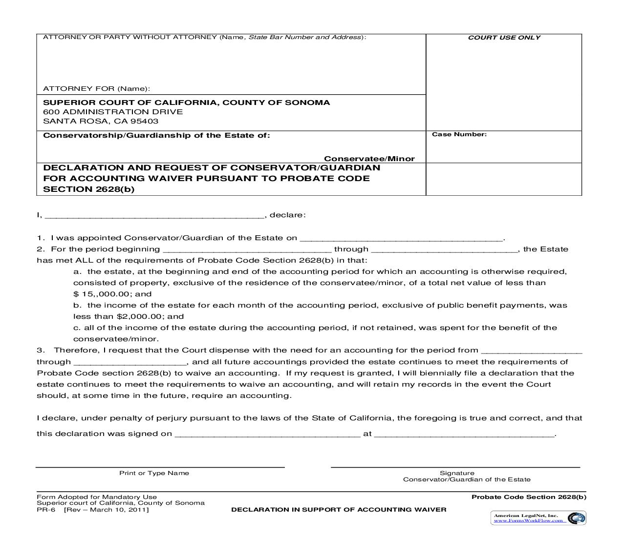 Declaration In Support Of Accounting Waiver {PR-6} | Pdf Fpdf Doc Docx | California