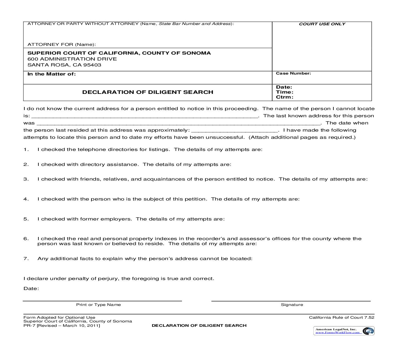 Declaration Of Diligent Search {PR-7} | Pdf Fpdf Doc Docx | California