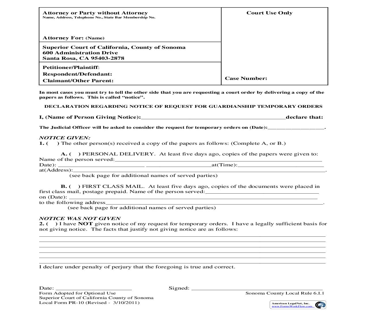 Declaration Regarding Notice Of Request For Guardian Temporary Orders {PR-10} | Pdf Fpdf Doc Docx | California