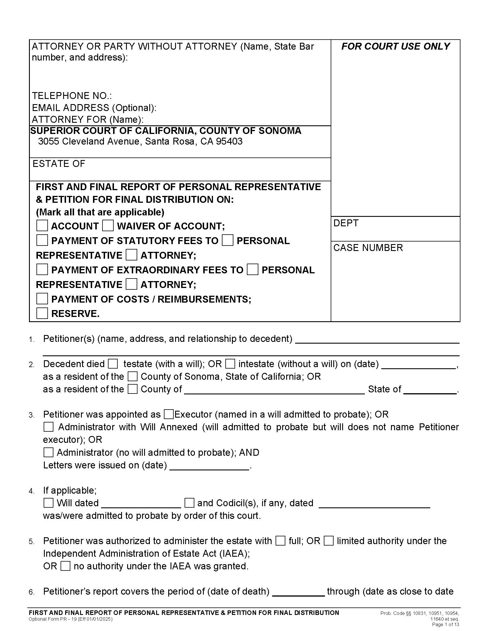 First And Final Report Of Personal Representative And Petition For Final Distribution {PR-19} | Pdf Fpdf Docx | California