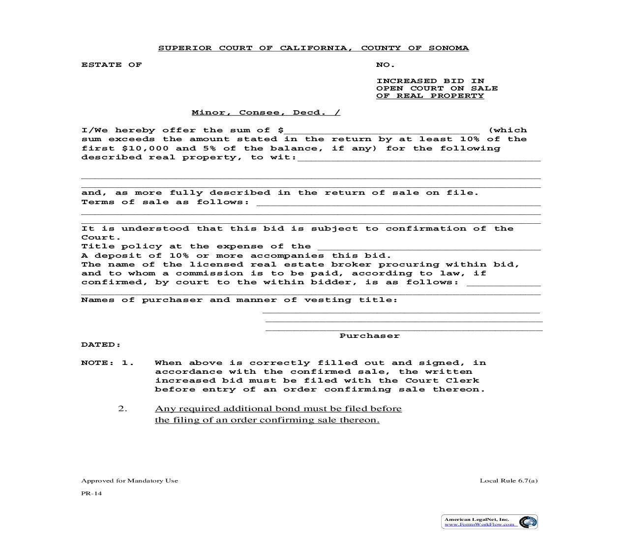 Increased Bid In Open Court On Sale Of Real Property {PR-14} | Pdf Fpdf Doc Docx | California