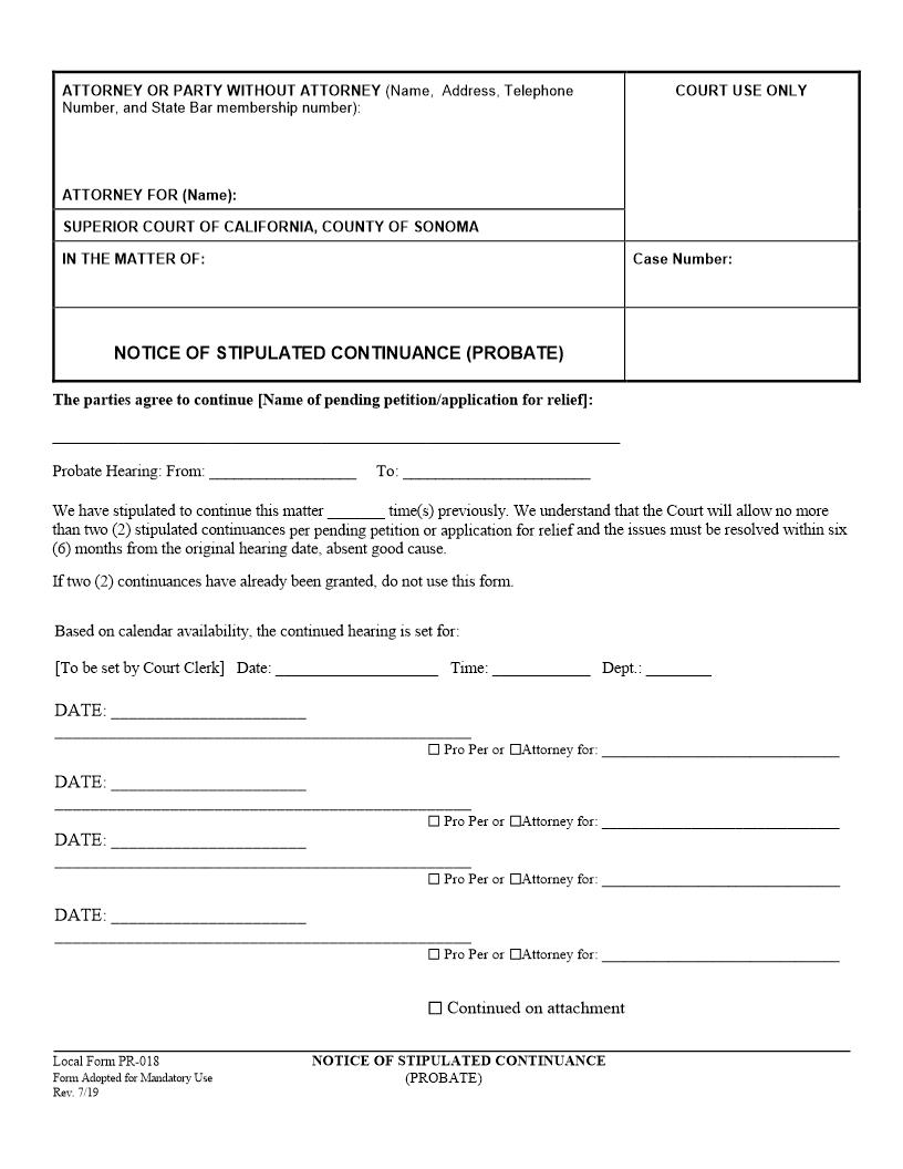 Notice Of Stipulated Continuance (Probate) {PR-018} | Pdf Fpdf Docx | California