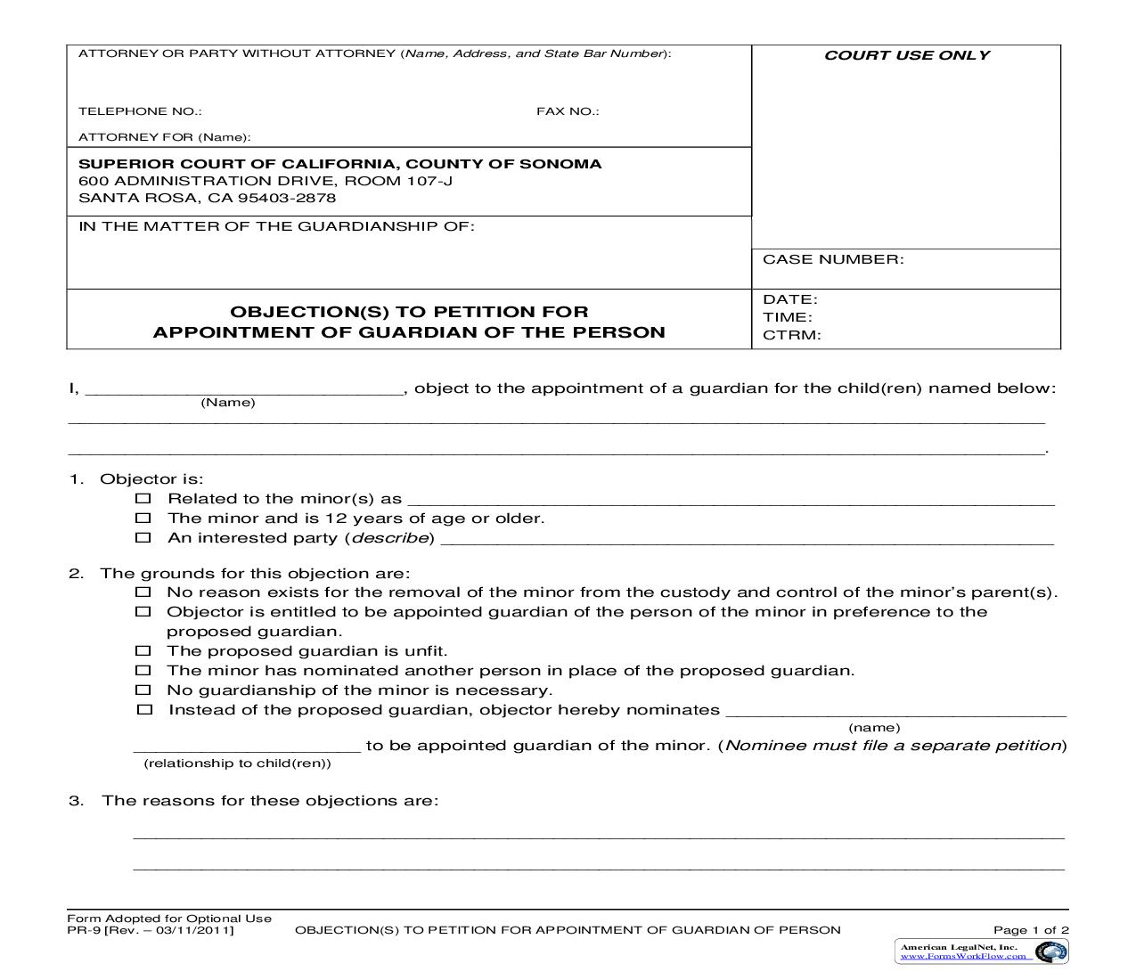 Objection(s) To Petition For Appointment Of Guardian {PR-9} | Pdf Fpdf Doc Docx | California