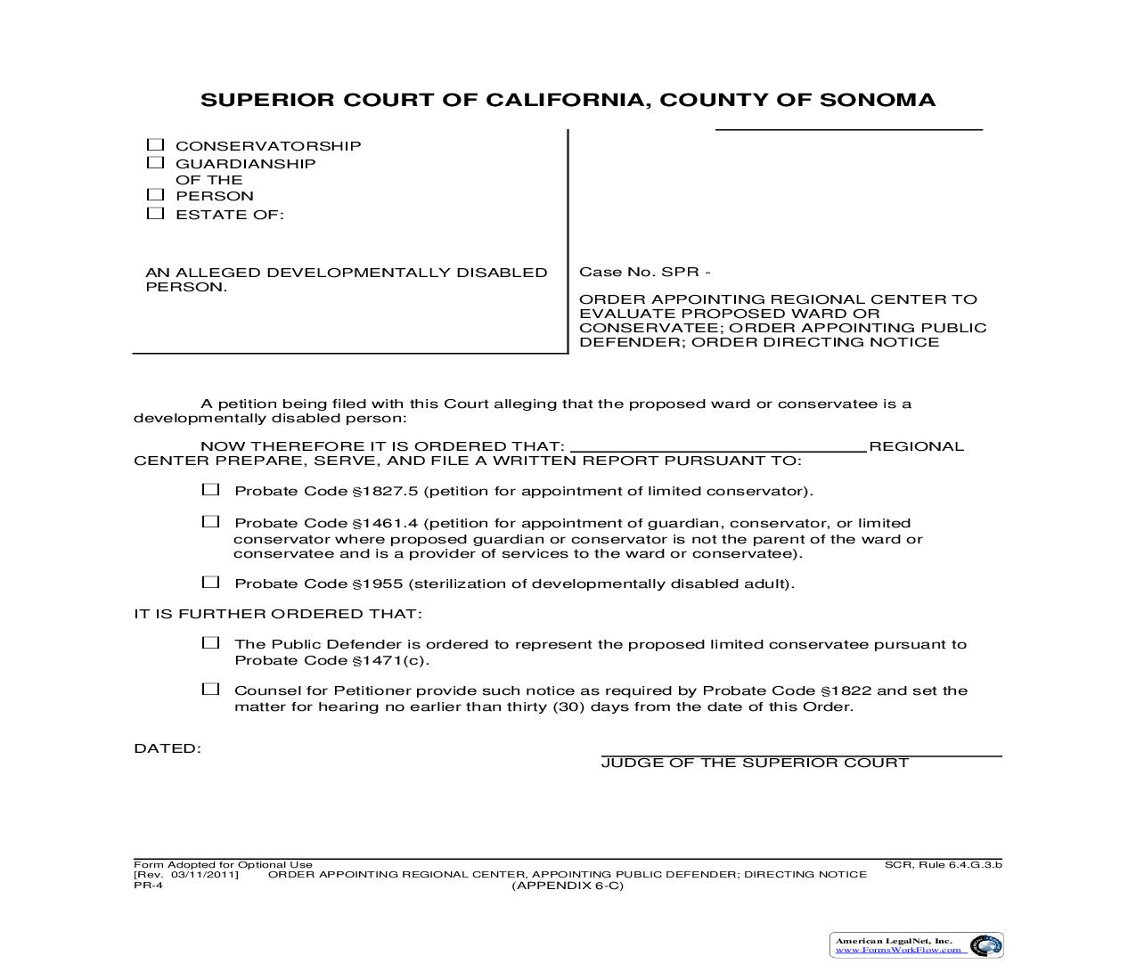 Order Appointing Regional Center To Evaluate Proposed Ward Or Conservatoree {PR-4} | Pdf Fpdf Doc Docx | California