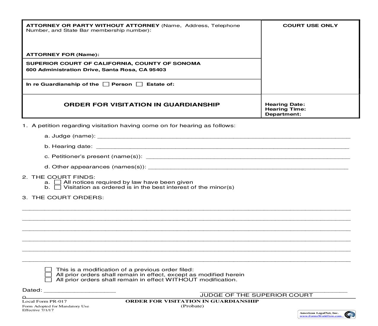Order For Visitation In Guardianship (Probate) {PR-017} | Pdf Fpdf Doc Docx | California