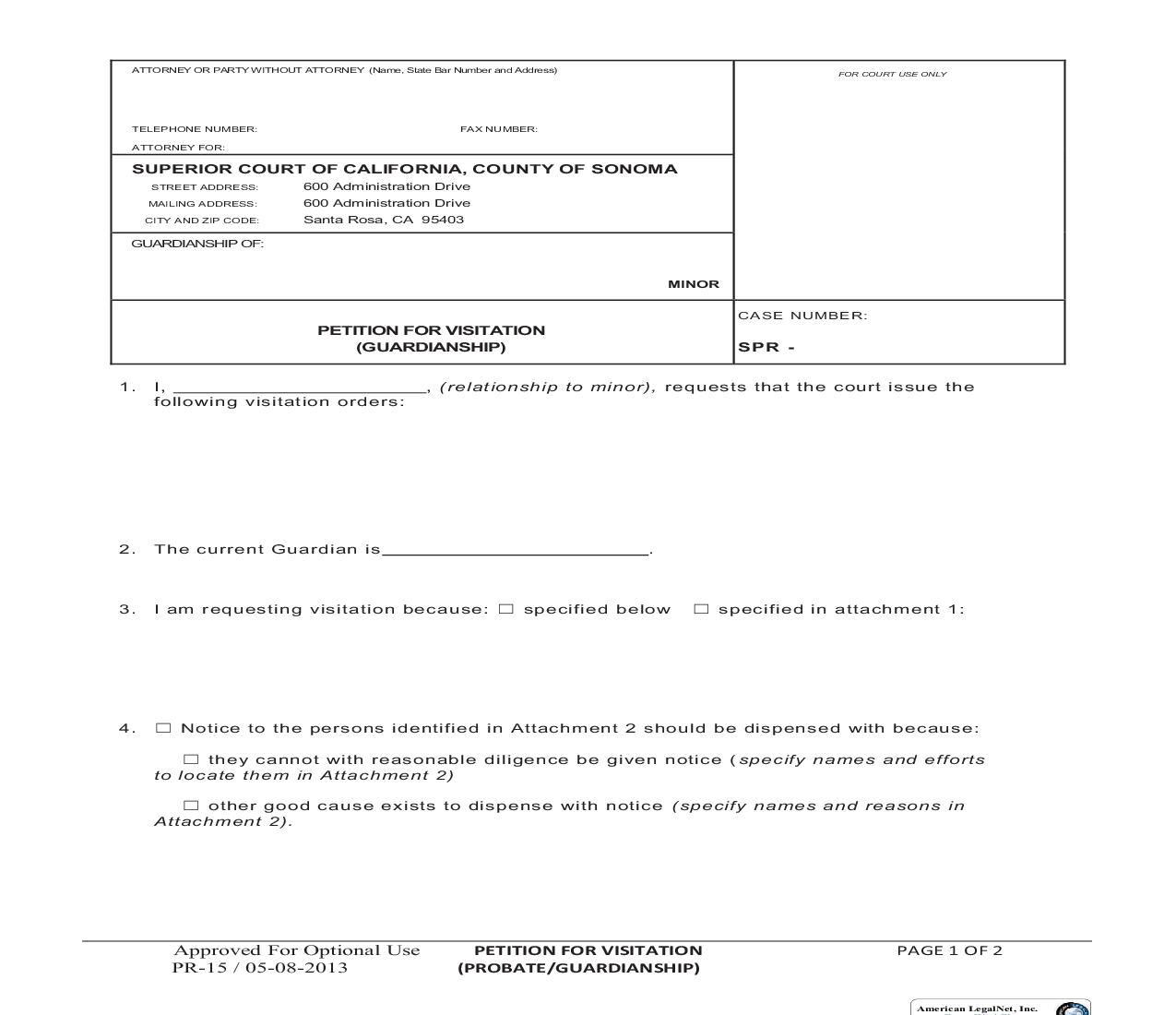Petition For Visitation (Probate-Guardianship) {PR-15} | Pdf Fpdf Doc Docx | California