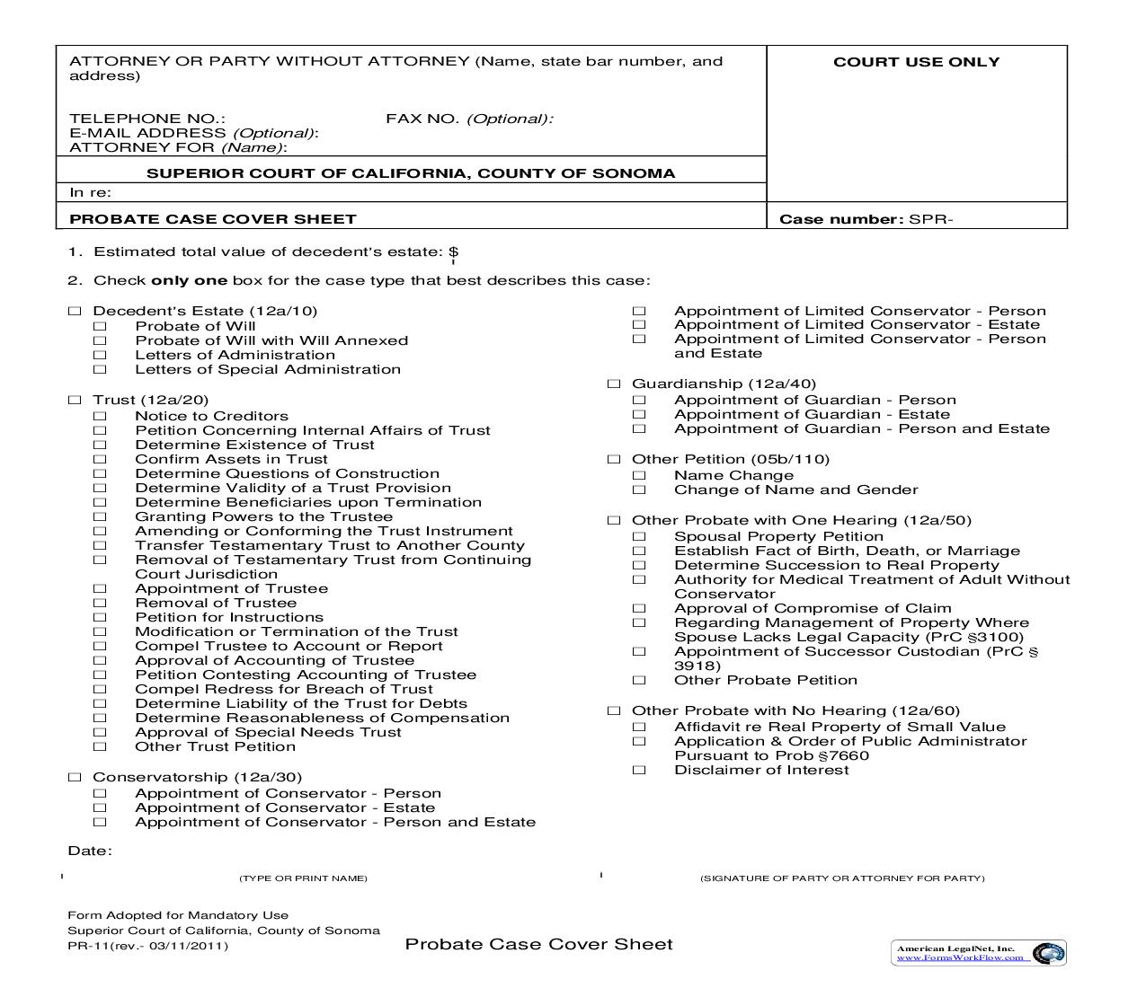 Probate Case Cover Sheet {PR-11} | Pdf Fpdf Doc Docx | California