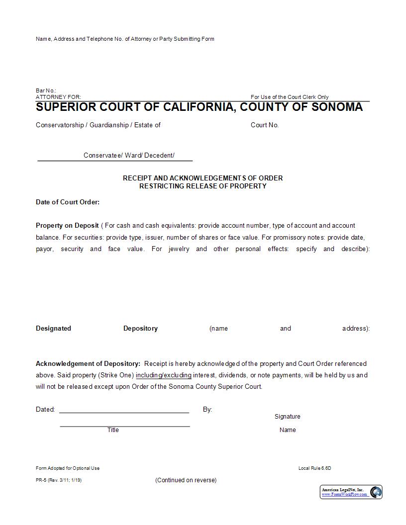 Receipt And Acknowledgement Of Order Restricting Release Of Property {PR-5} | Pdf Fpdf Docx | California