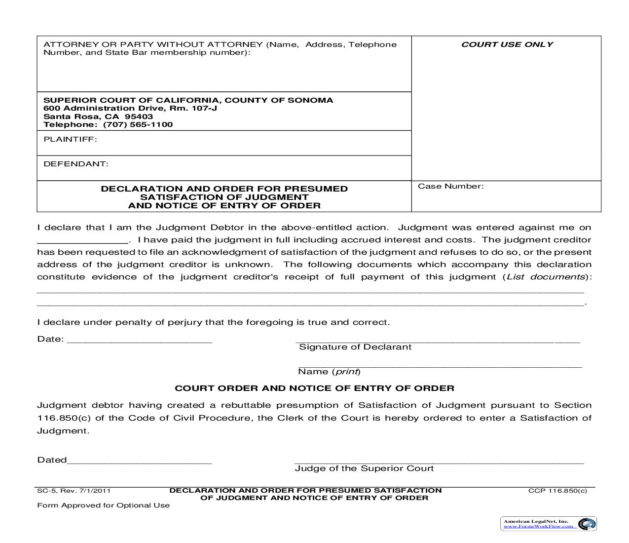 Declaration And Order For Presumed Satisfaction Of Judgment And Notice Of Entry Of Order {SC-5} | Pdf Fpdf Doc Docx | California