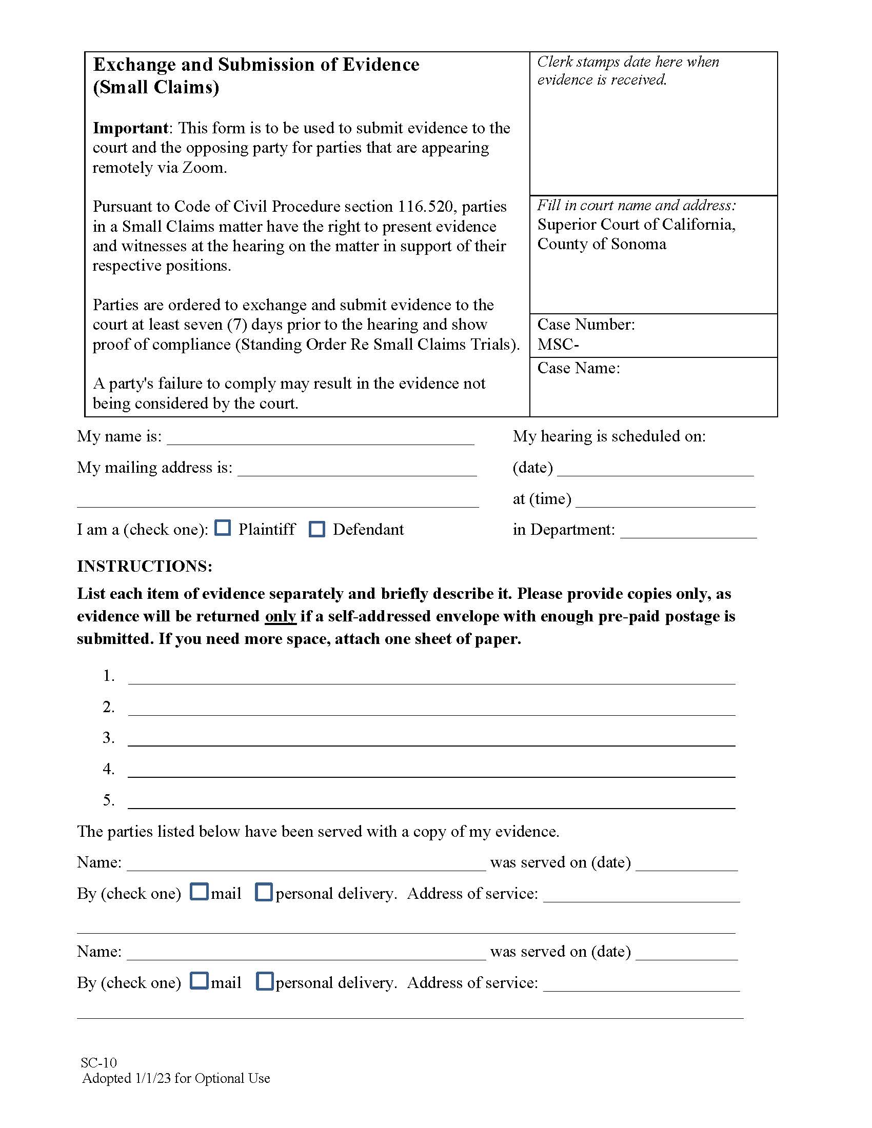 Exchange And Submission Of Evidence {SC-10} | Pdf Fpdf Docx | California