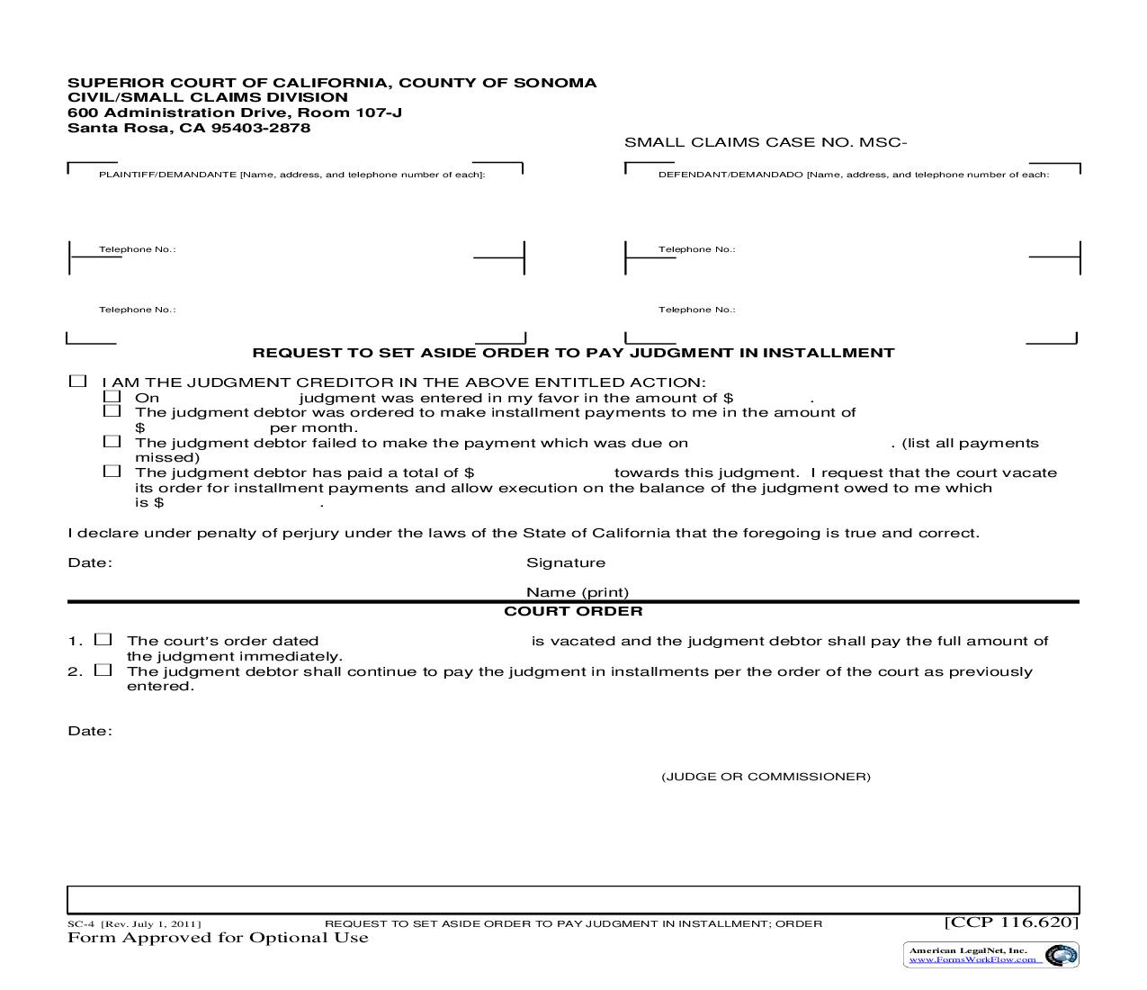 Request To Set Aside Order To Pay Judgment In Installments {SC-4} | Pdf Fpdf Doc Docx | California