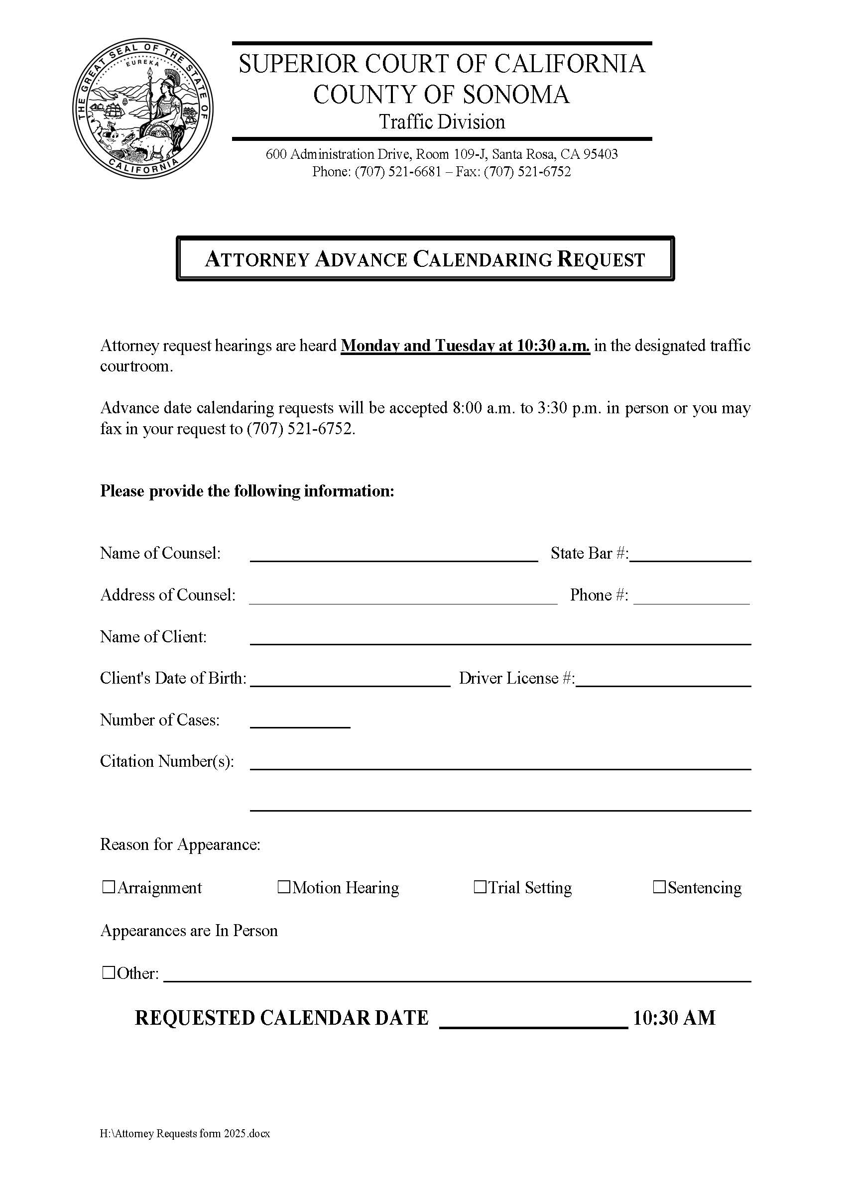 Attorney Request Form Traffic | Pdf Fpdf Docx | California