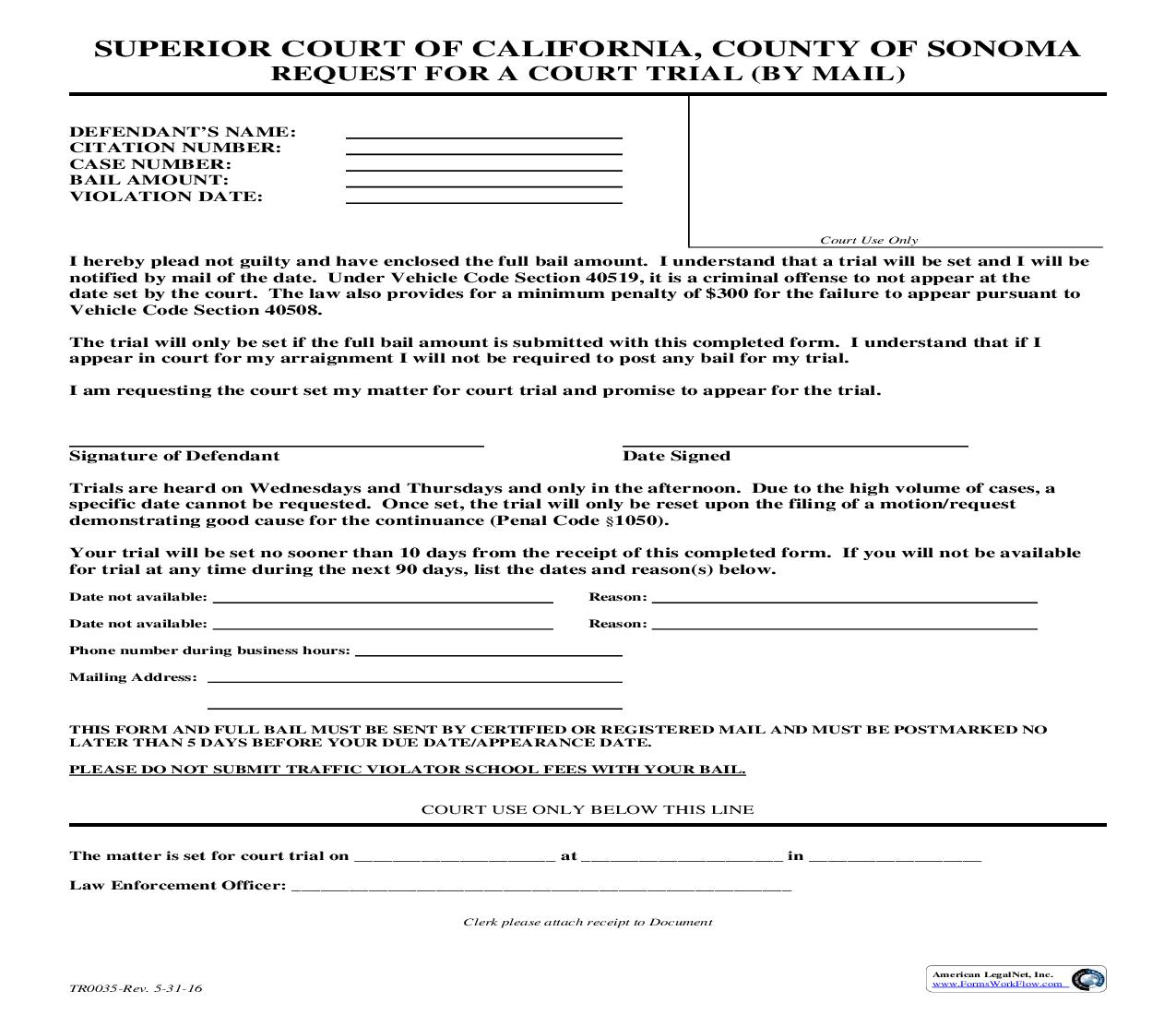 Request For Traffic Court Trial {TR0035} | Pdf Fpdf Docx | California
